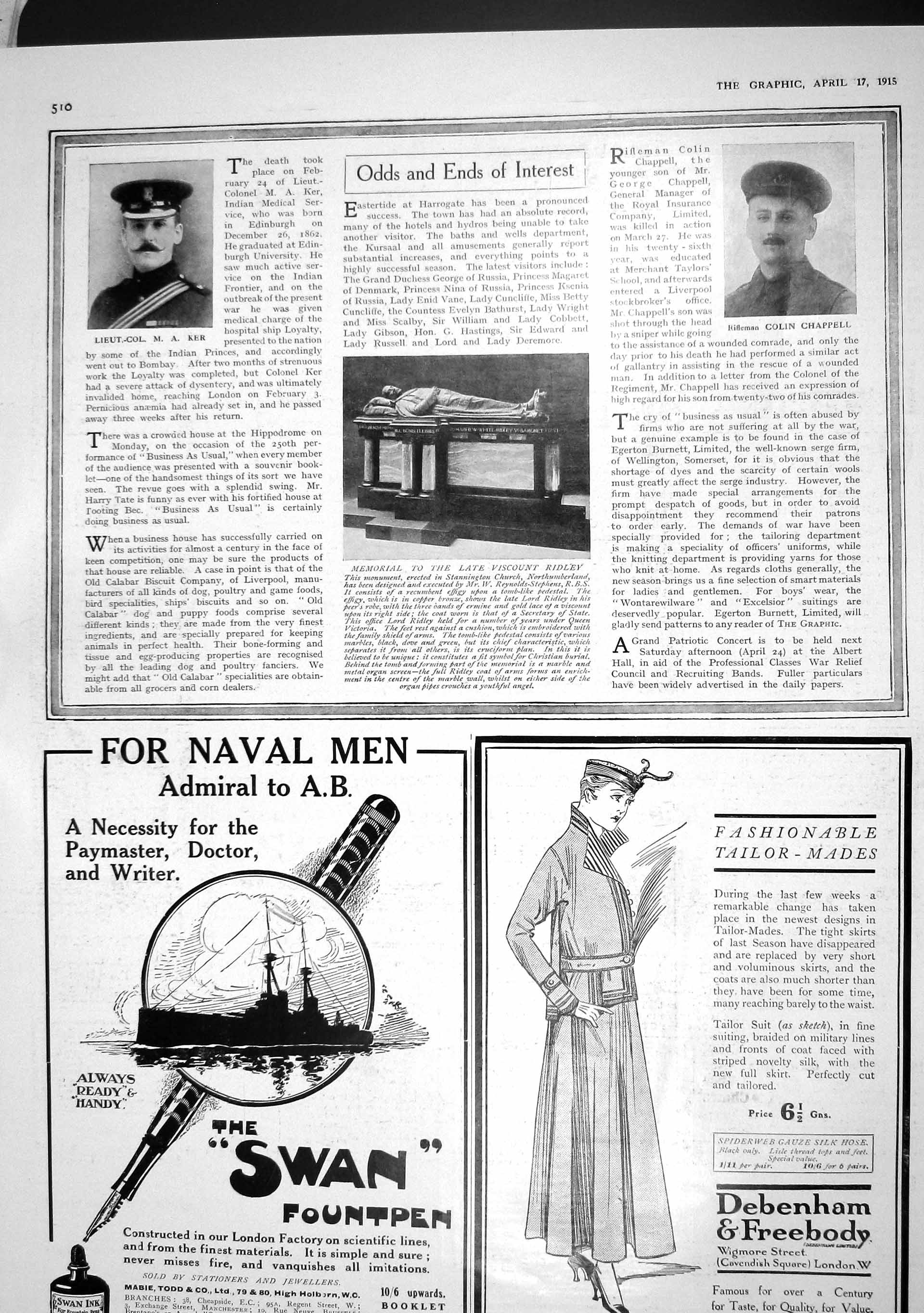 Old Antique Print 1915 Memorial Viscount Ridley Chappell Ker War Debenham 20th