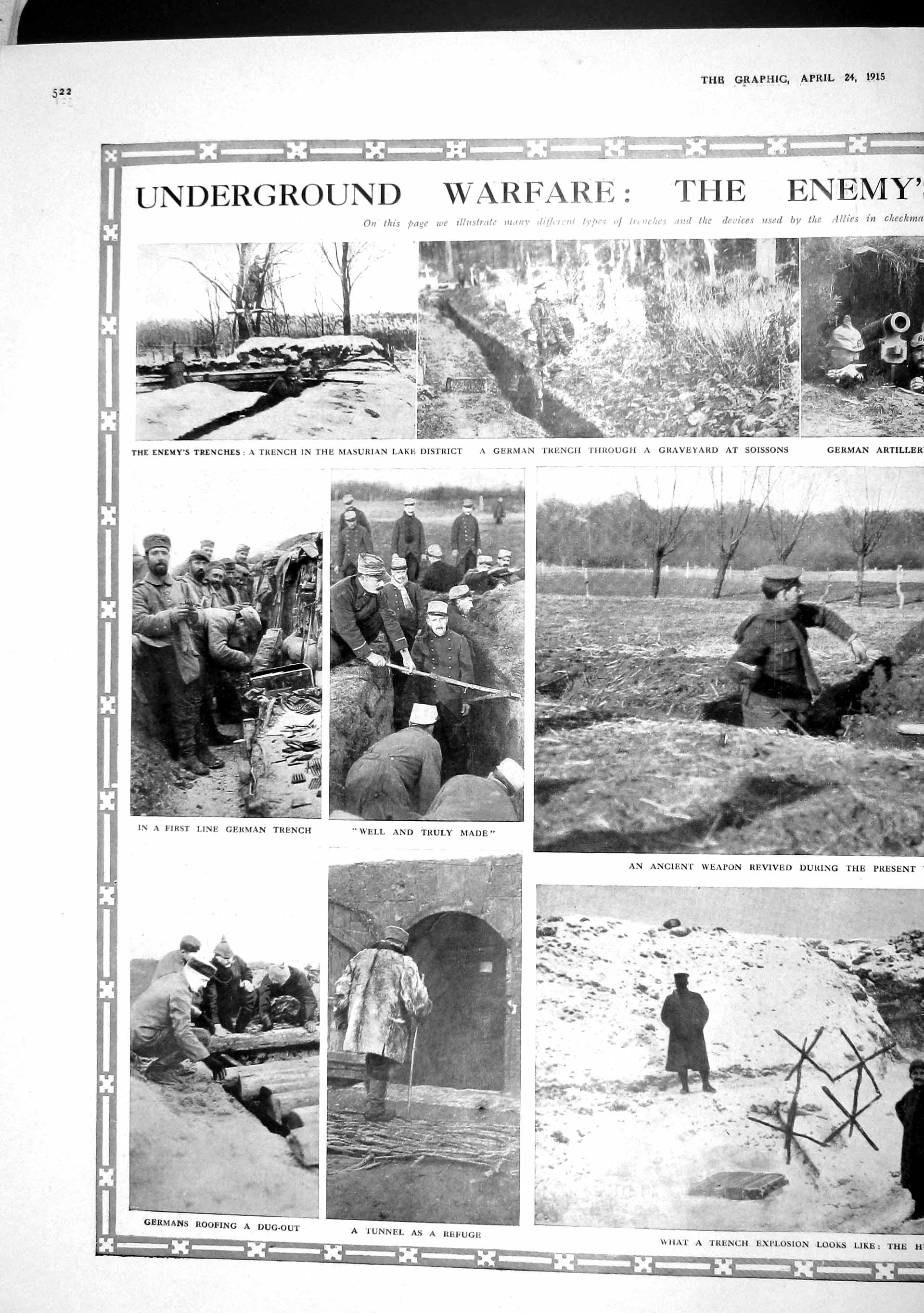 Original Old Antique Print 1915 War Trench Masurian Lake Argonne German Siers
