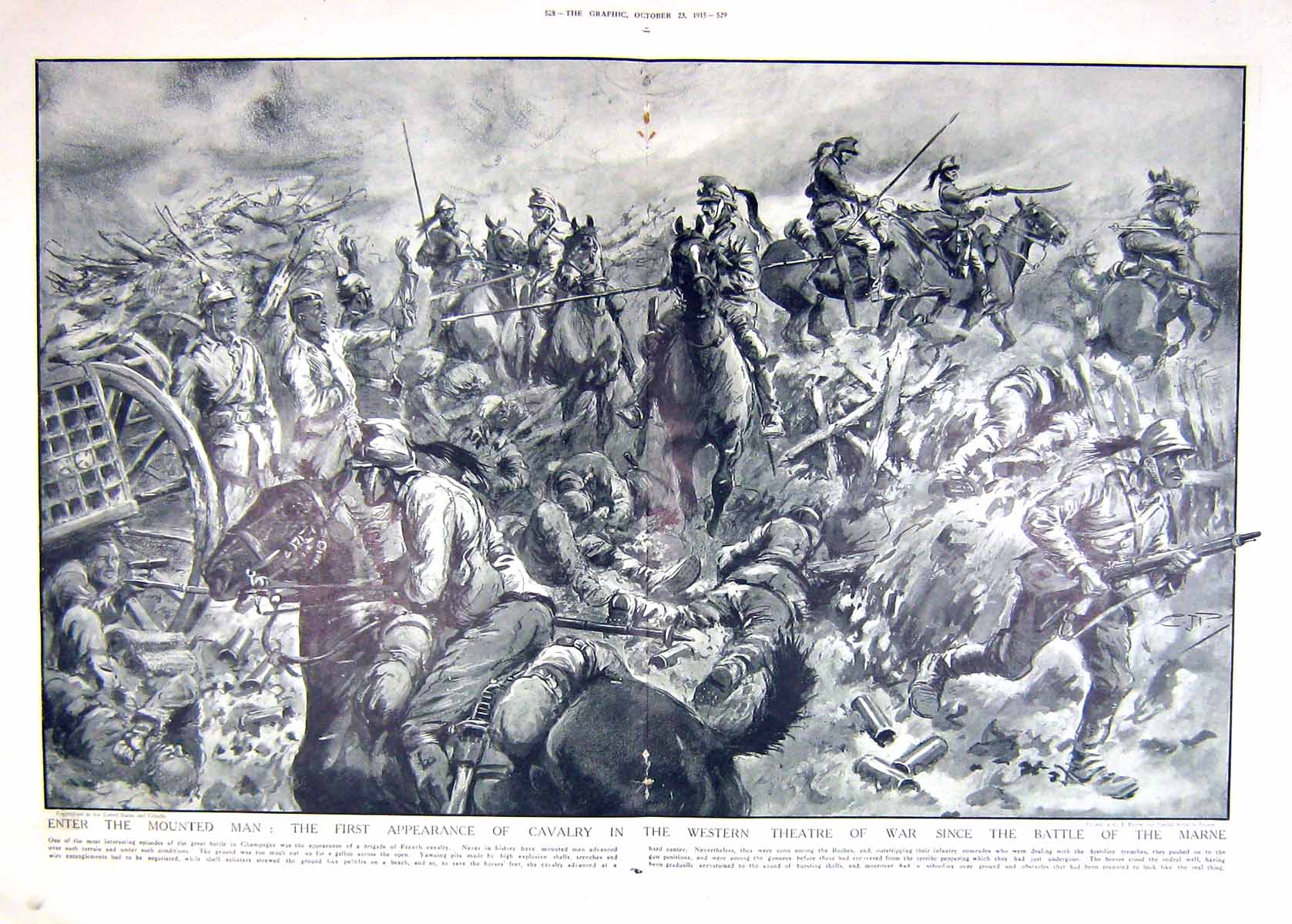 Original Old Antique Print 1915 War Cavalry Battle Field Marne Siers Horses