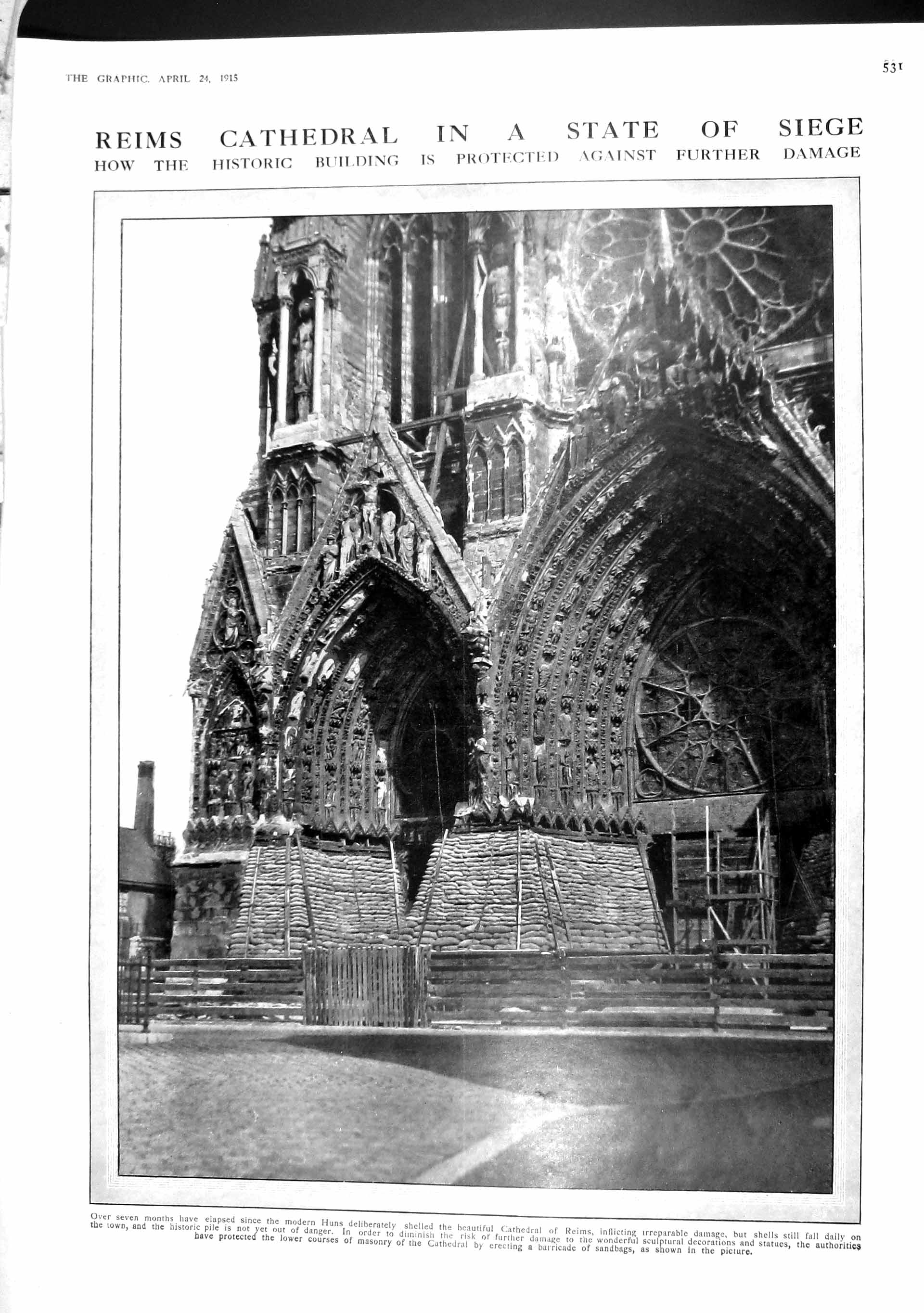 Original Old Antique Print 1915 Reims Cathedral War La Hooghe Hospital Pecherie