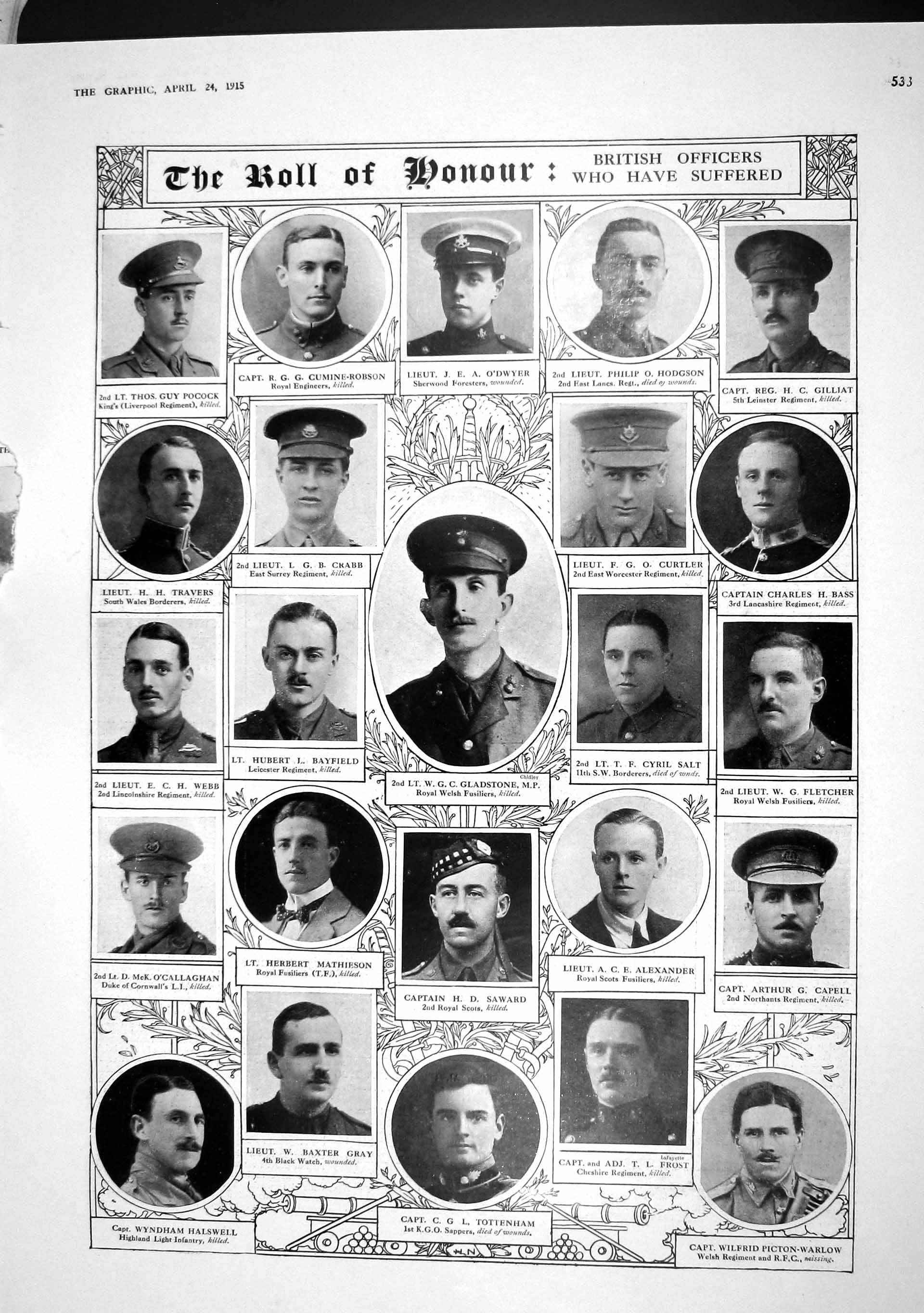 Old Antique Print 1915 Roll Honour War Gladstone Saward Salt Crabb Webb 20th