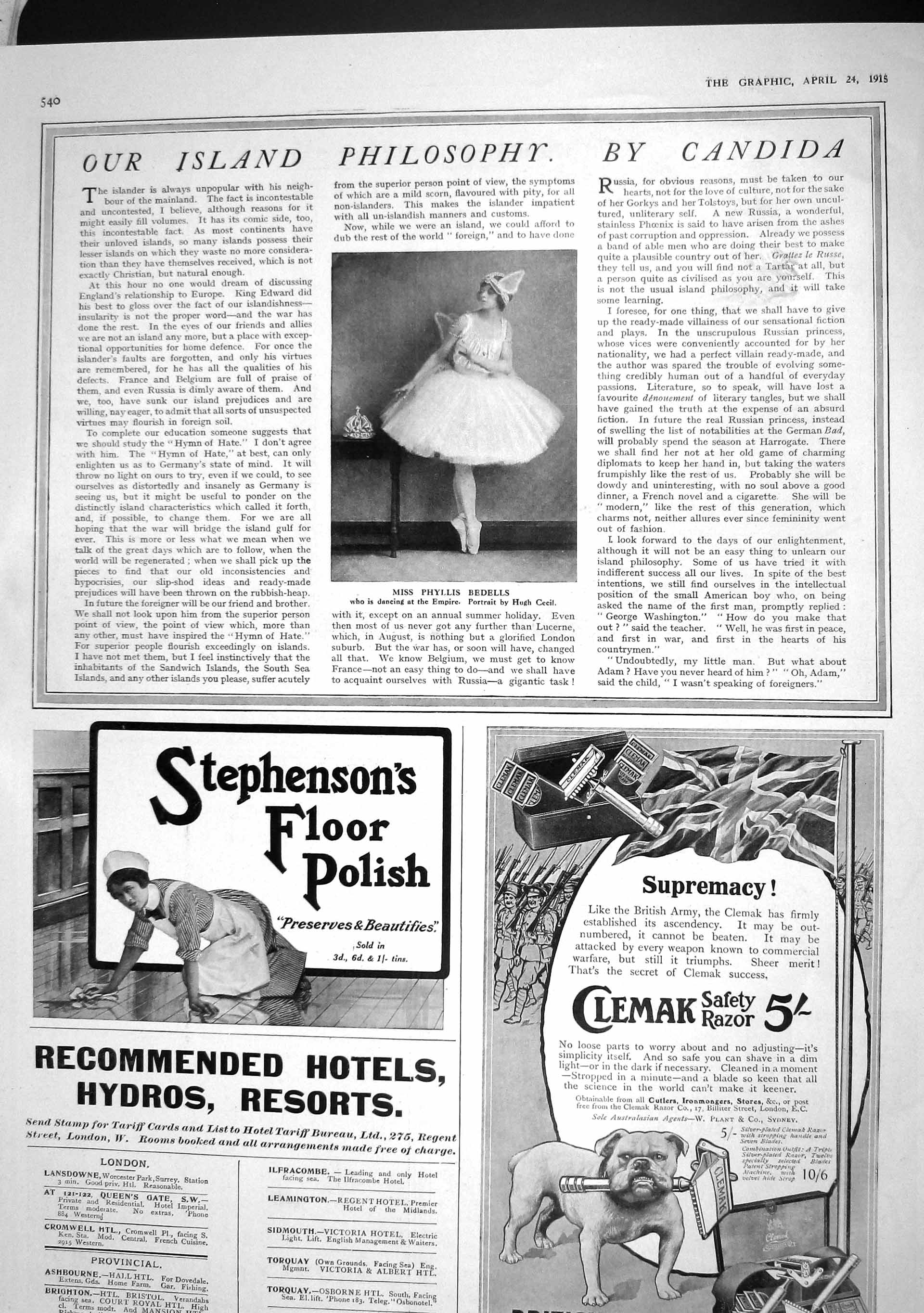Original Old Antique Print 1915 Portrait Phyllis Bedells Ballet Dancer Razor