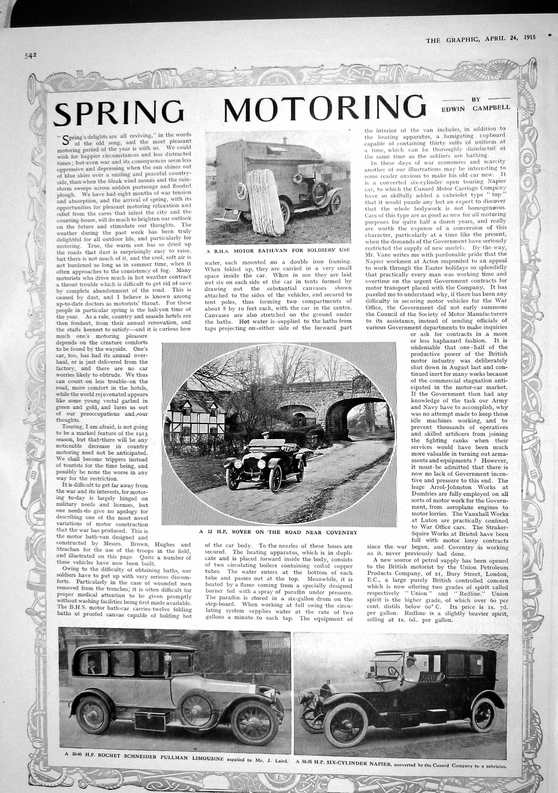 Original Old Antique Print 1915 Motor Bath-Van Siers War Rover Napier Pullman