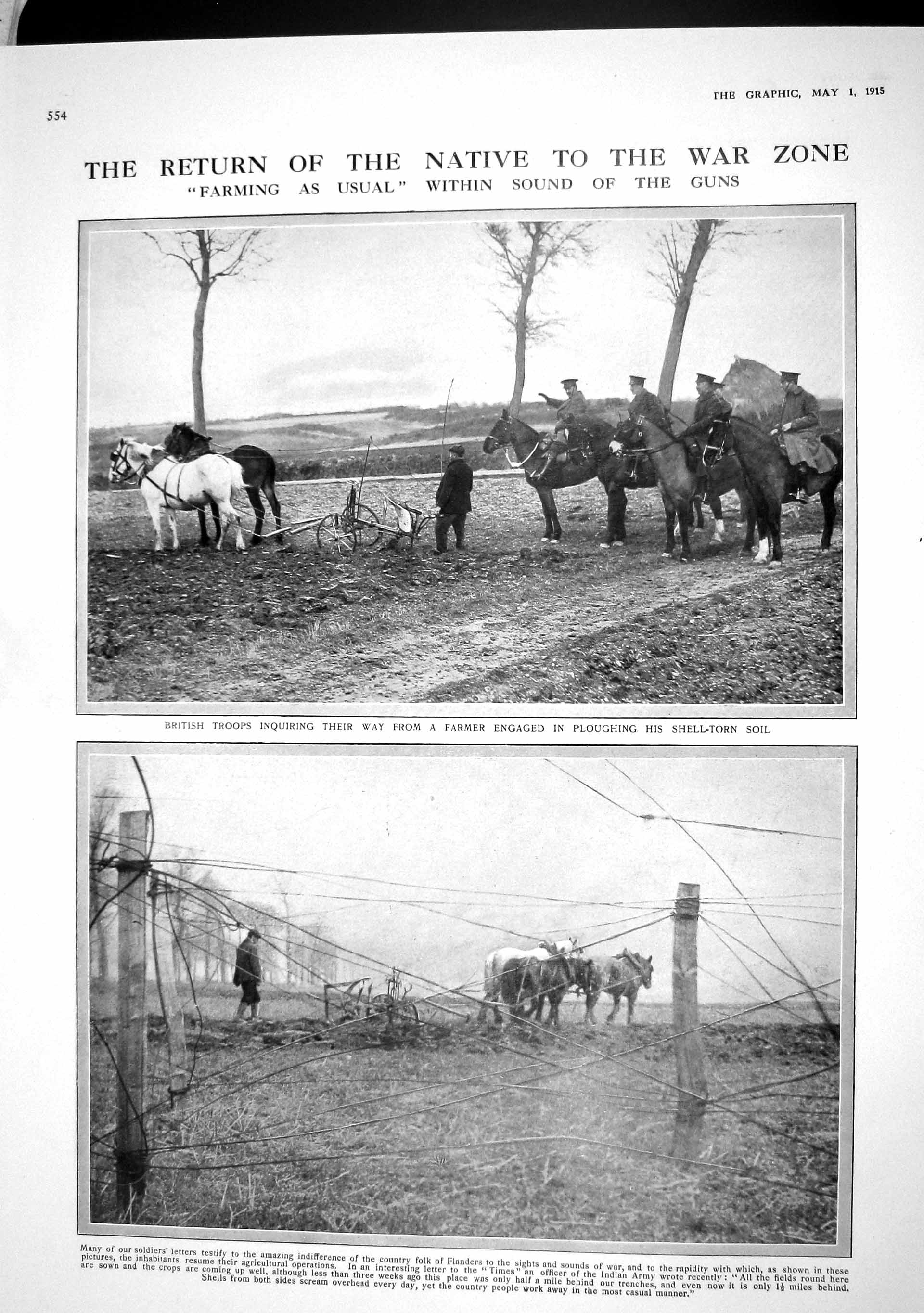 Original Old Antique Print 1915 Farming War British Siers Ploughing King Albert