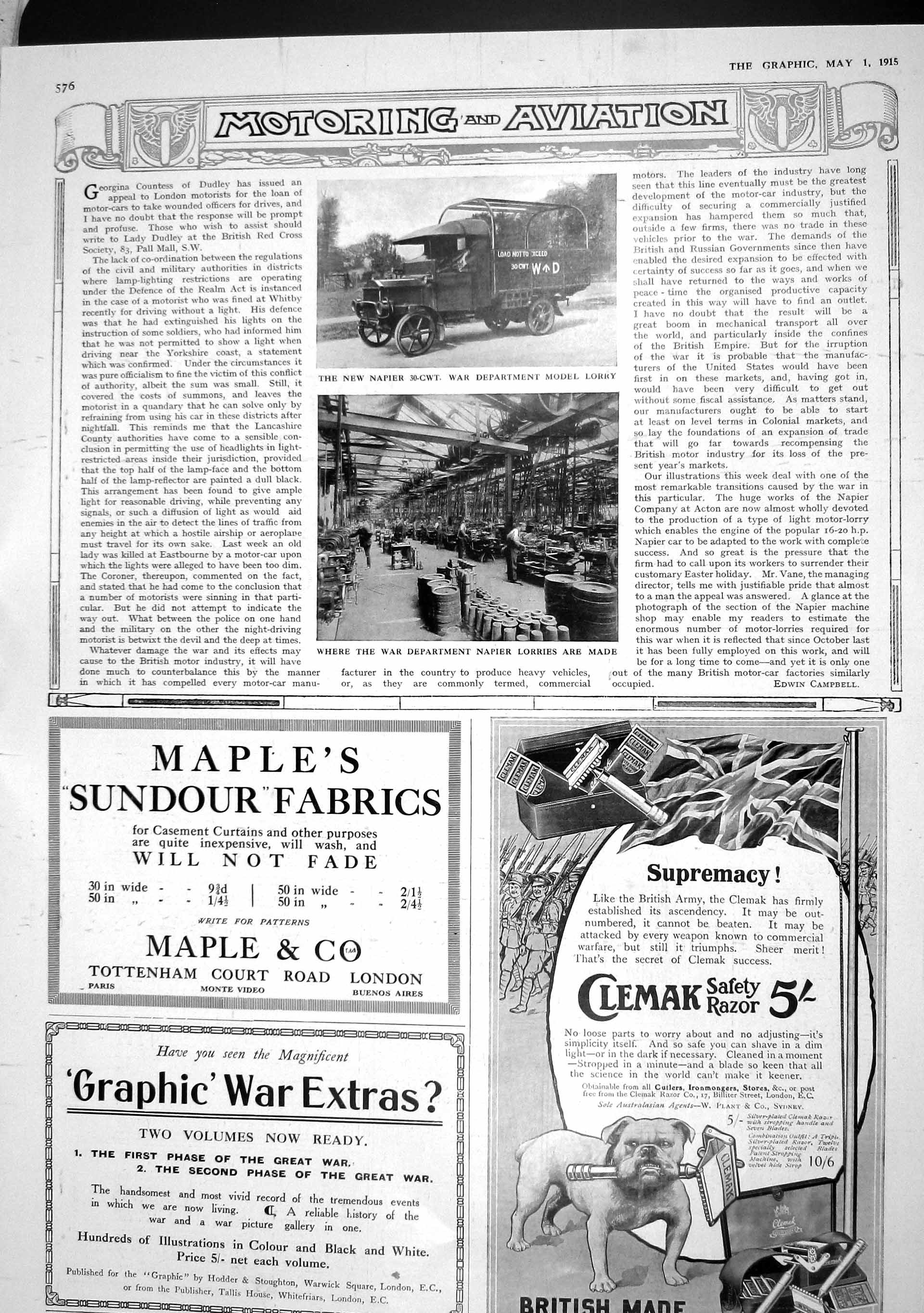 Original Old Antique Print 1915 War Department Napier Lorry Clemak Razor 20th