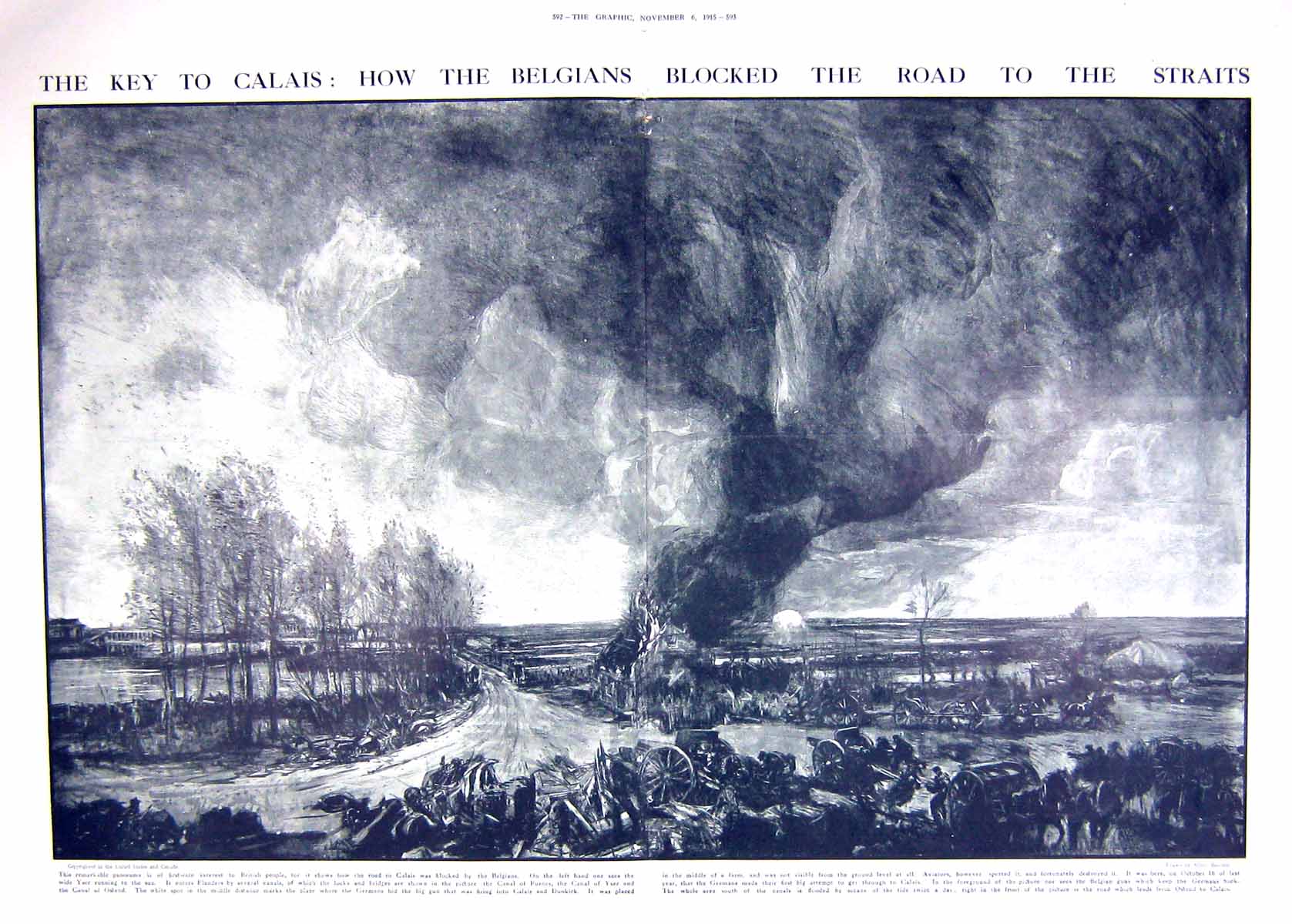 Original Old Antique Print 1915 Belgian Siers War Blocking Road Straits Calais