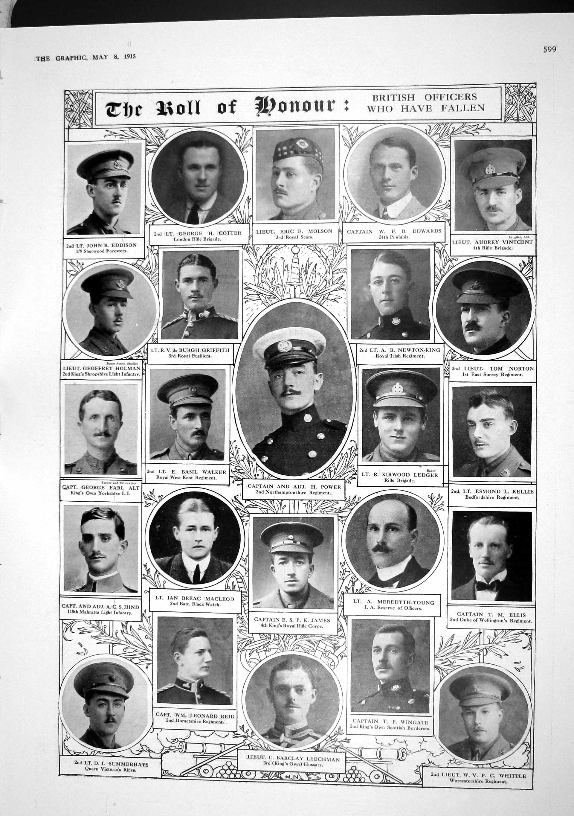 Original Old Antique Print 1915 Roll Honour War Poer Molson James Reid Wingate