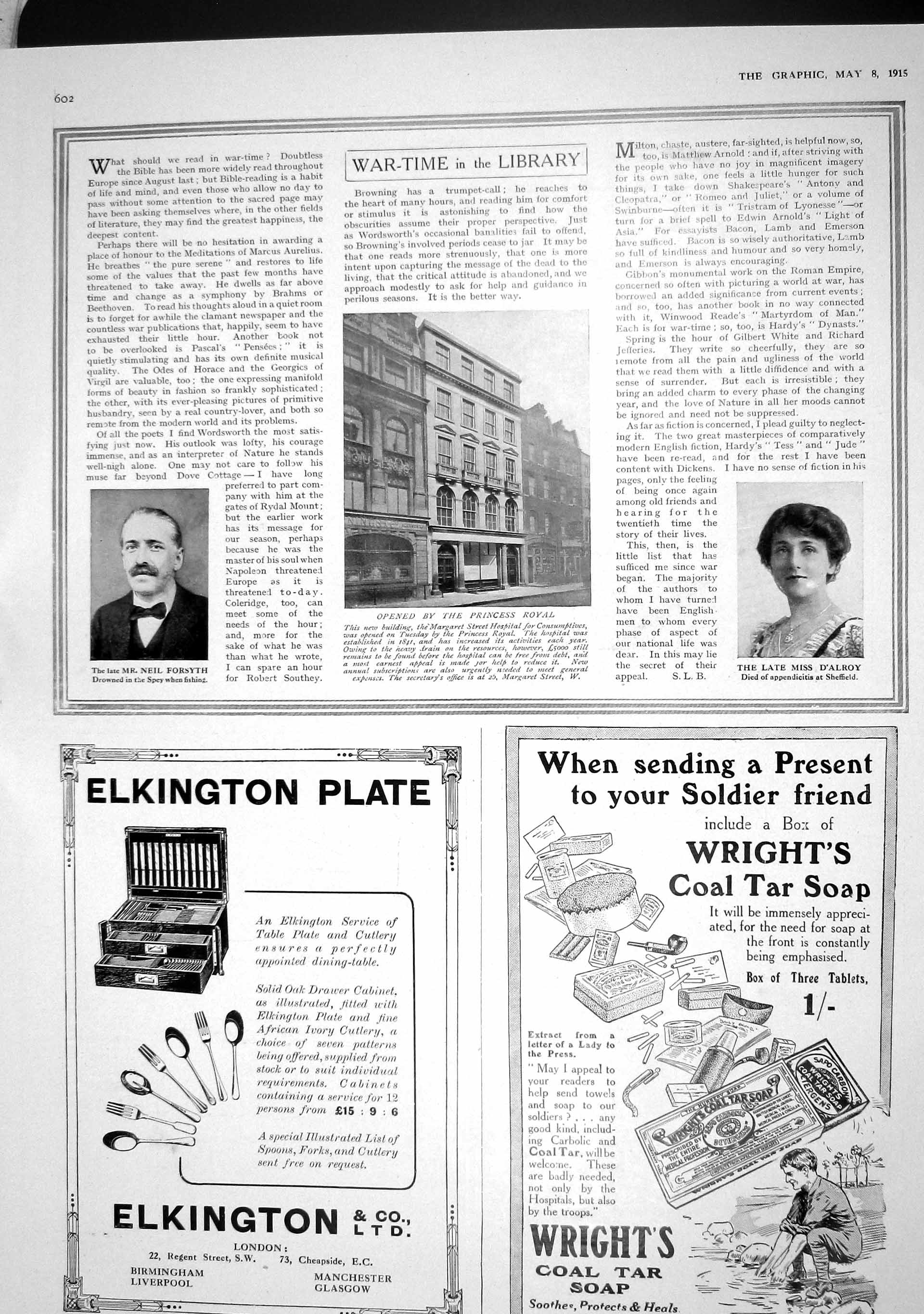 Old Antique Print 1915 Margaret Street Hospital Forsyth D'Alroy Elkington 20th