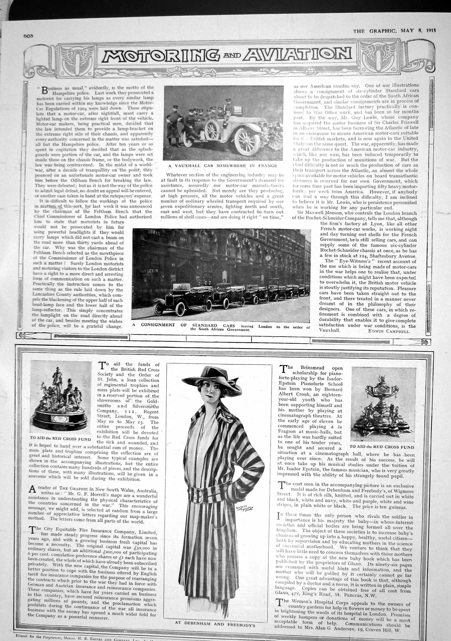 Old Antique Print 1915 Vauxhall Motor Car France Standard London Fashion 20th