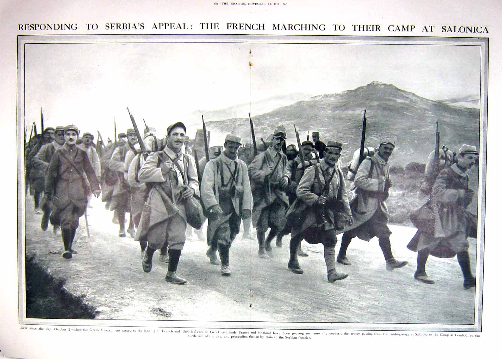 Original Old Antique Print 1915 French Siers War Marching Camp Salonica Greek
