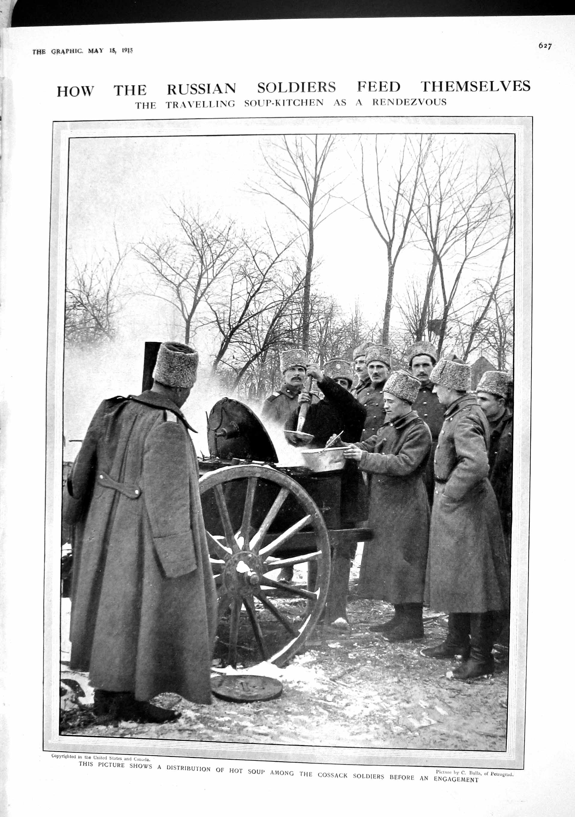 Original Old Antique Print 1915 Russian Siers Cossack Soup-Kitchen War Cross