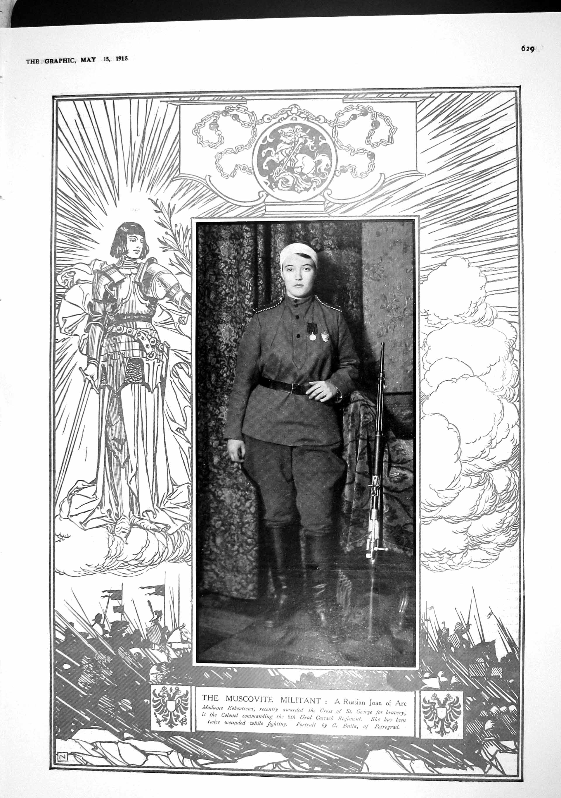 Original Old Antique Print 1915 Madame Kokovtseva Cross George War Cossack Mule
