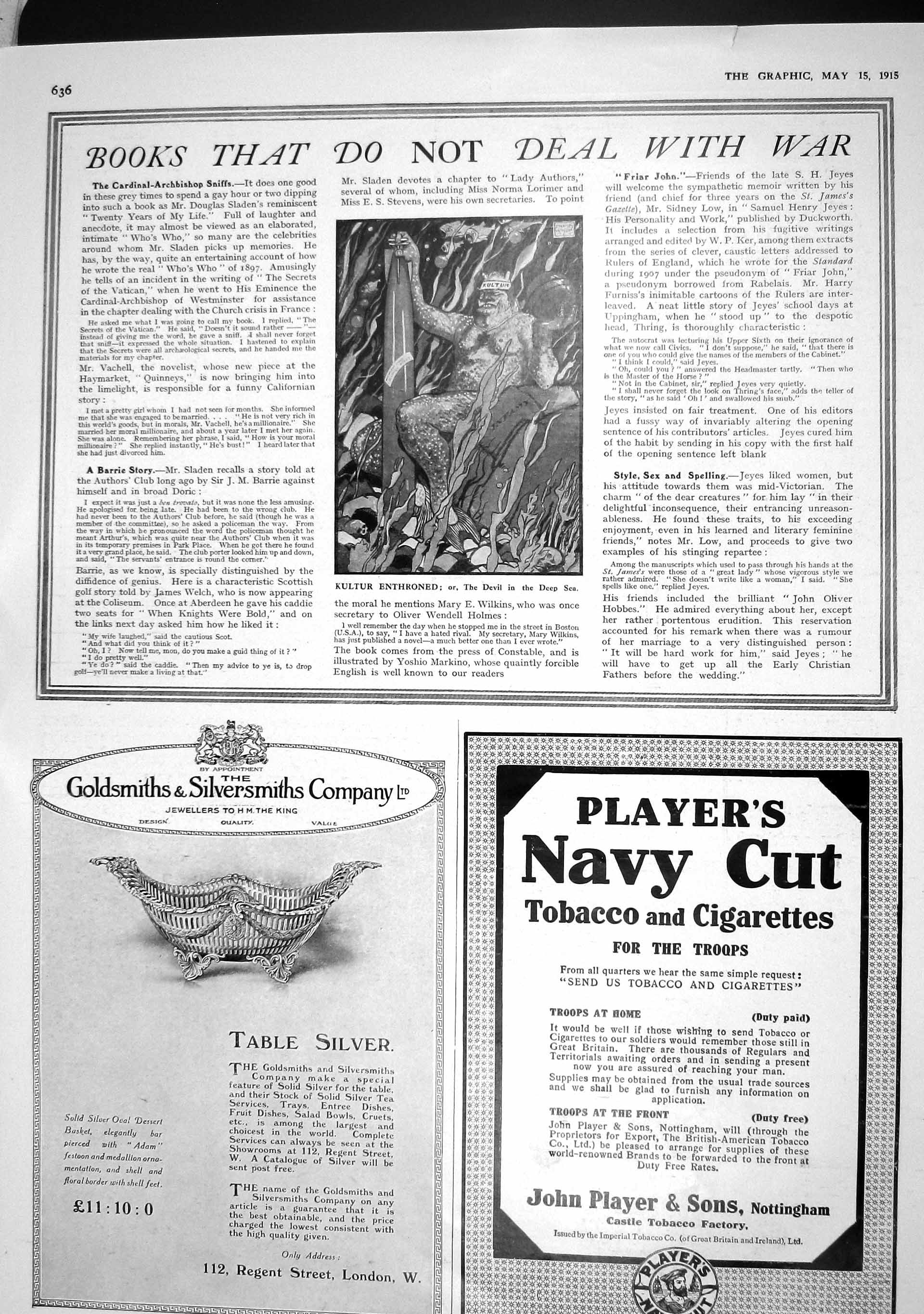 Original Old Antique Print 1915 Devil Sea Kultur Enthroned Players Cigarettes