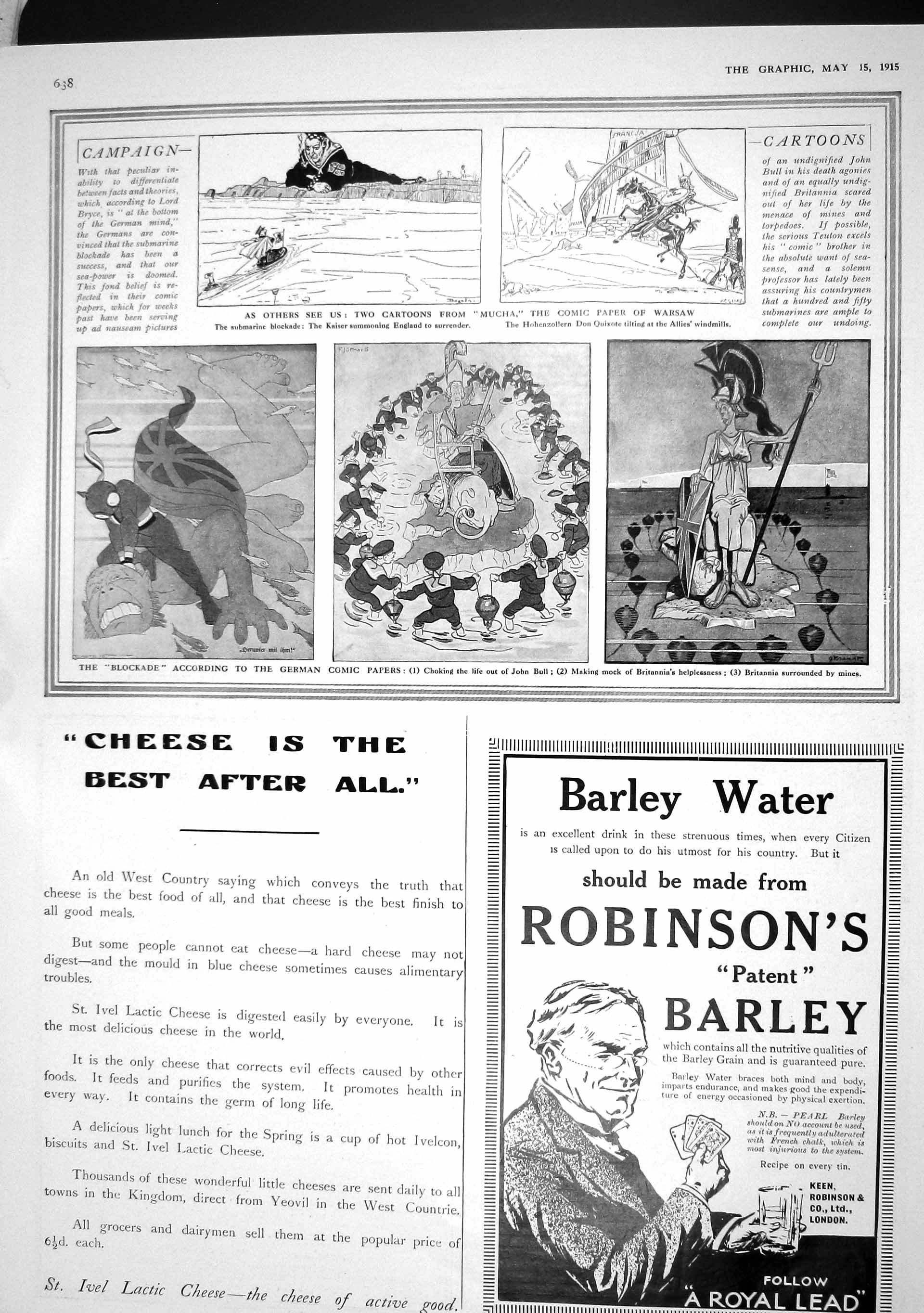 Old Antique Print 1915 Blockade German Comic Papers Robinson Barley Water 20th