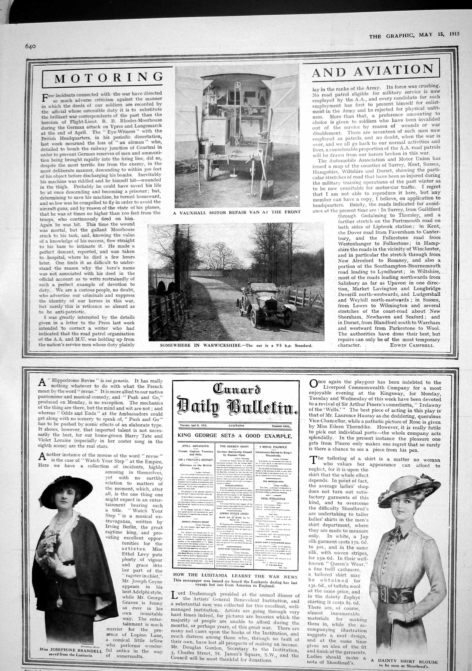 Original Old Antique Print 1915 Vauxhall Motor Repair Van Standard Car Brandell
