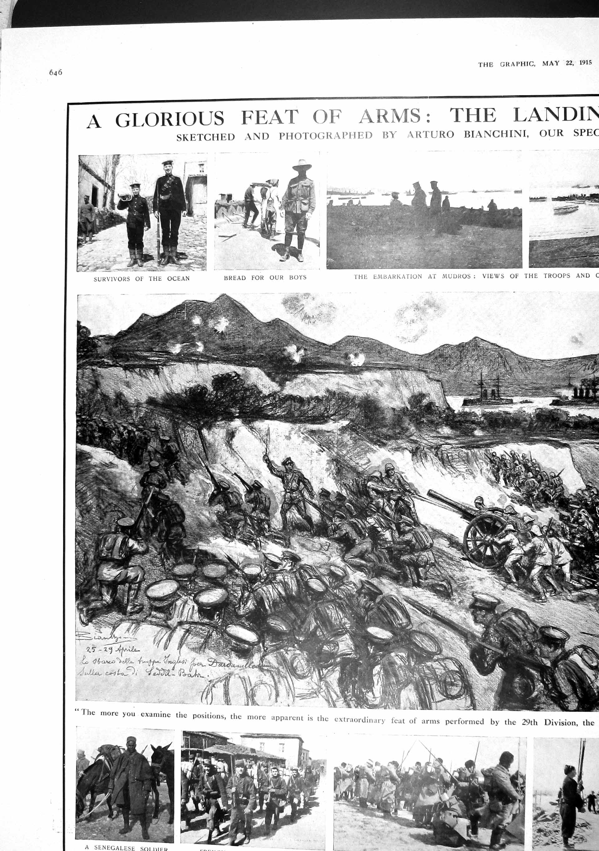 Original Old Antique Print 1915 War Mudros Siers Greek French Marine Sentry