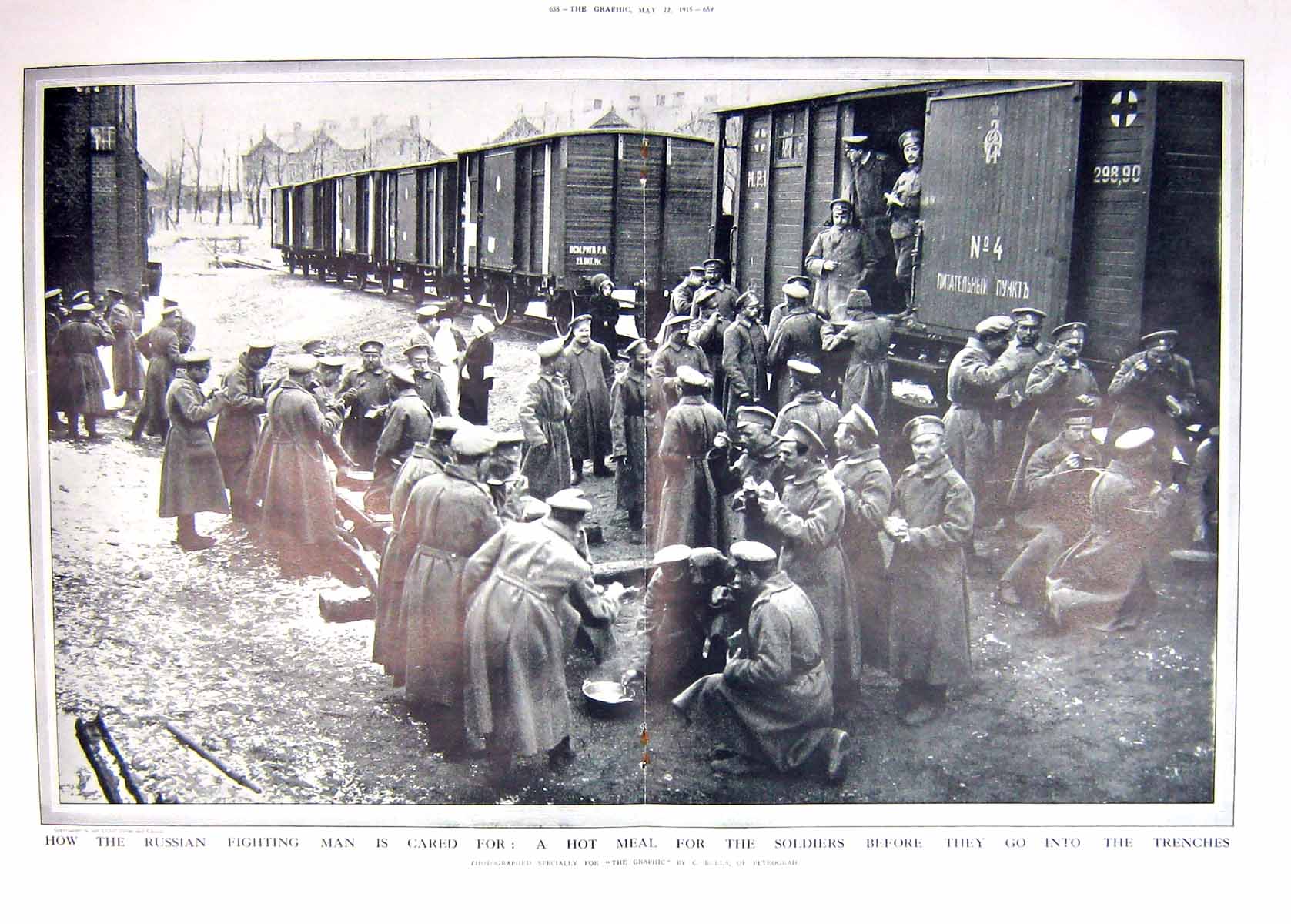 Original Old Antique Print 1915 War Russian Siers Hot Meal Train Transport