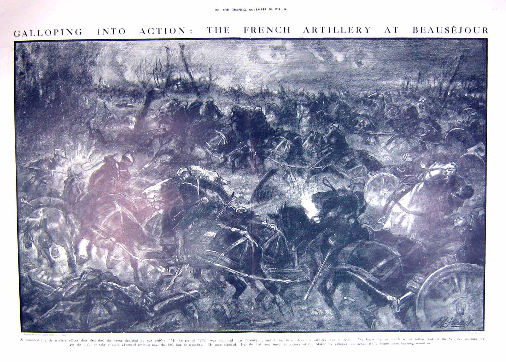 Original Old Antique Print 1915 War Horses Galloping French Siers Beausejour