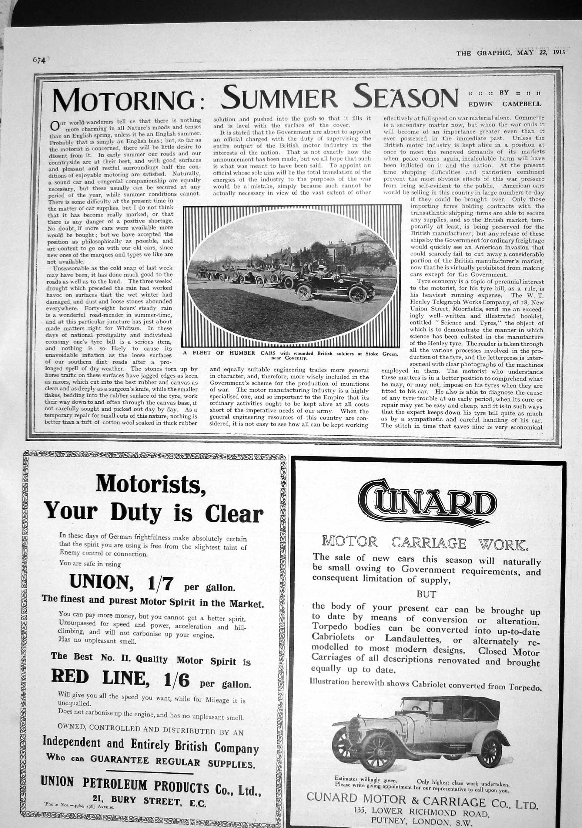 Original Old Antique Print 1915 Humber Motor Cars Wounded Siers Coventry War