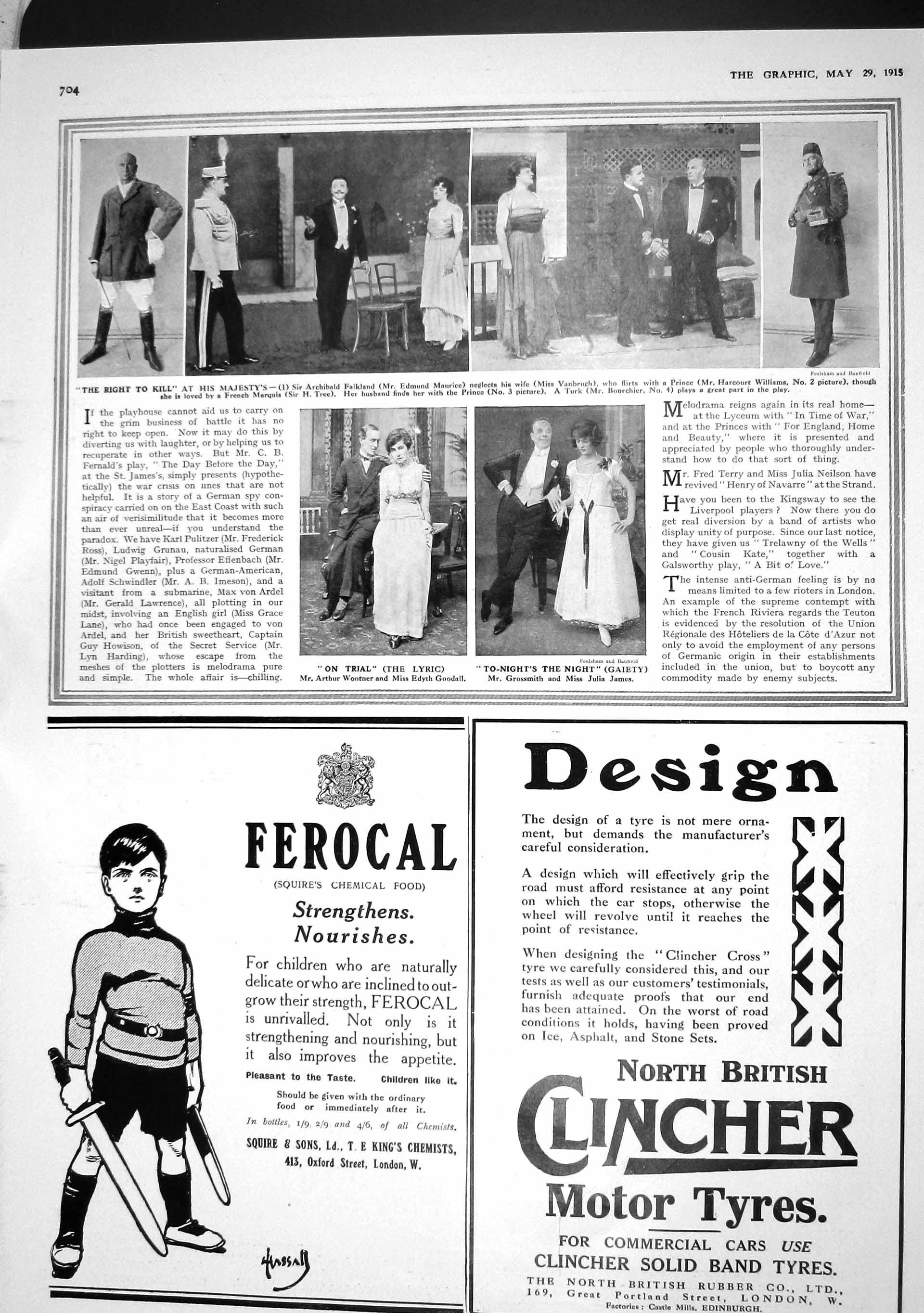 Original Old Antique Print 1915 Falkland Maurice Vanbrugh Goodall James Theatre