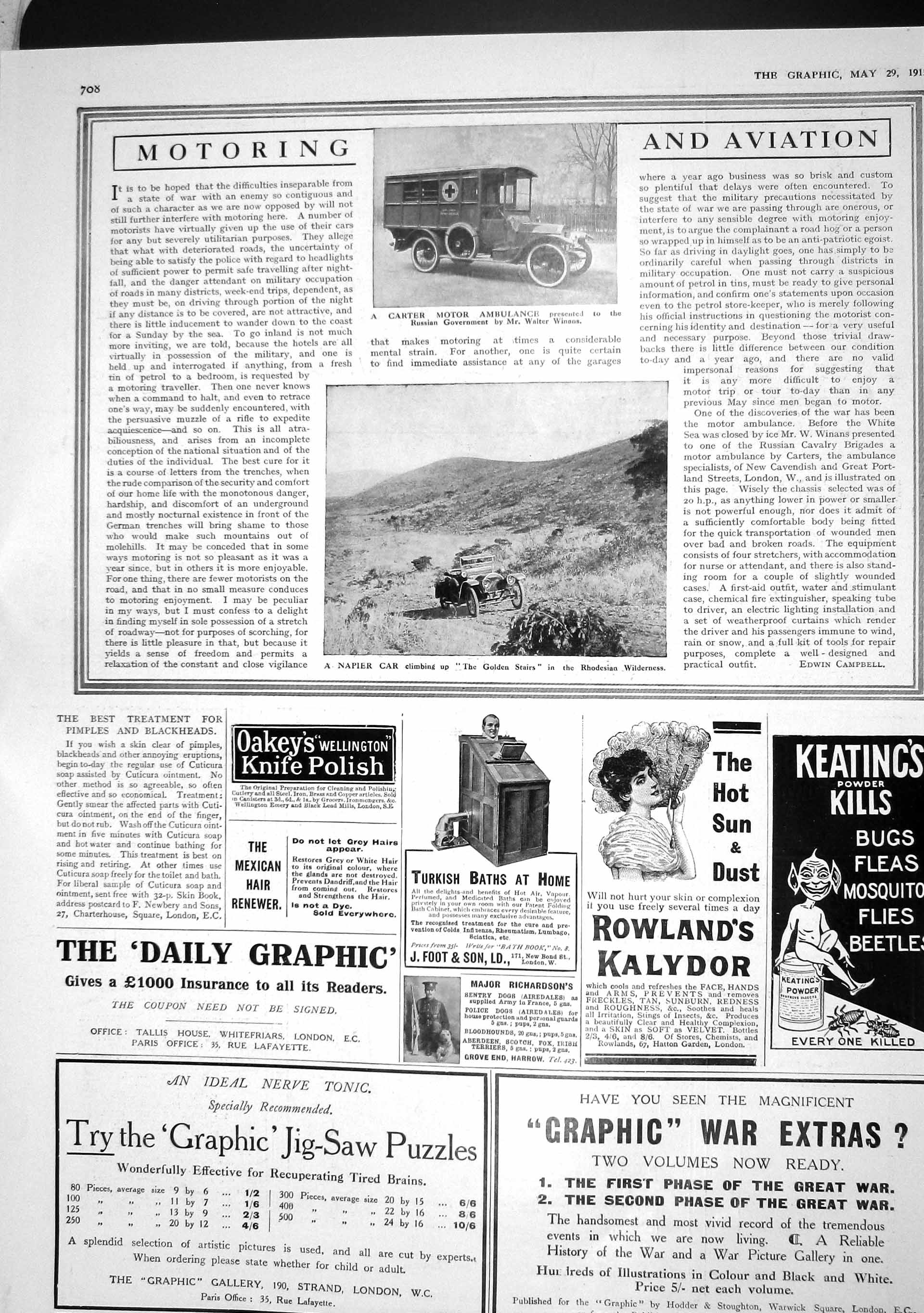 Original Old Antique Print 1915 Carter Motor Ambulance Napier Car Gen Stairs