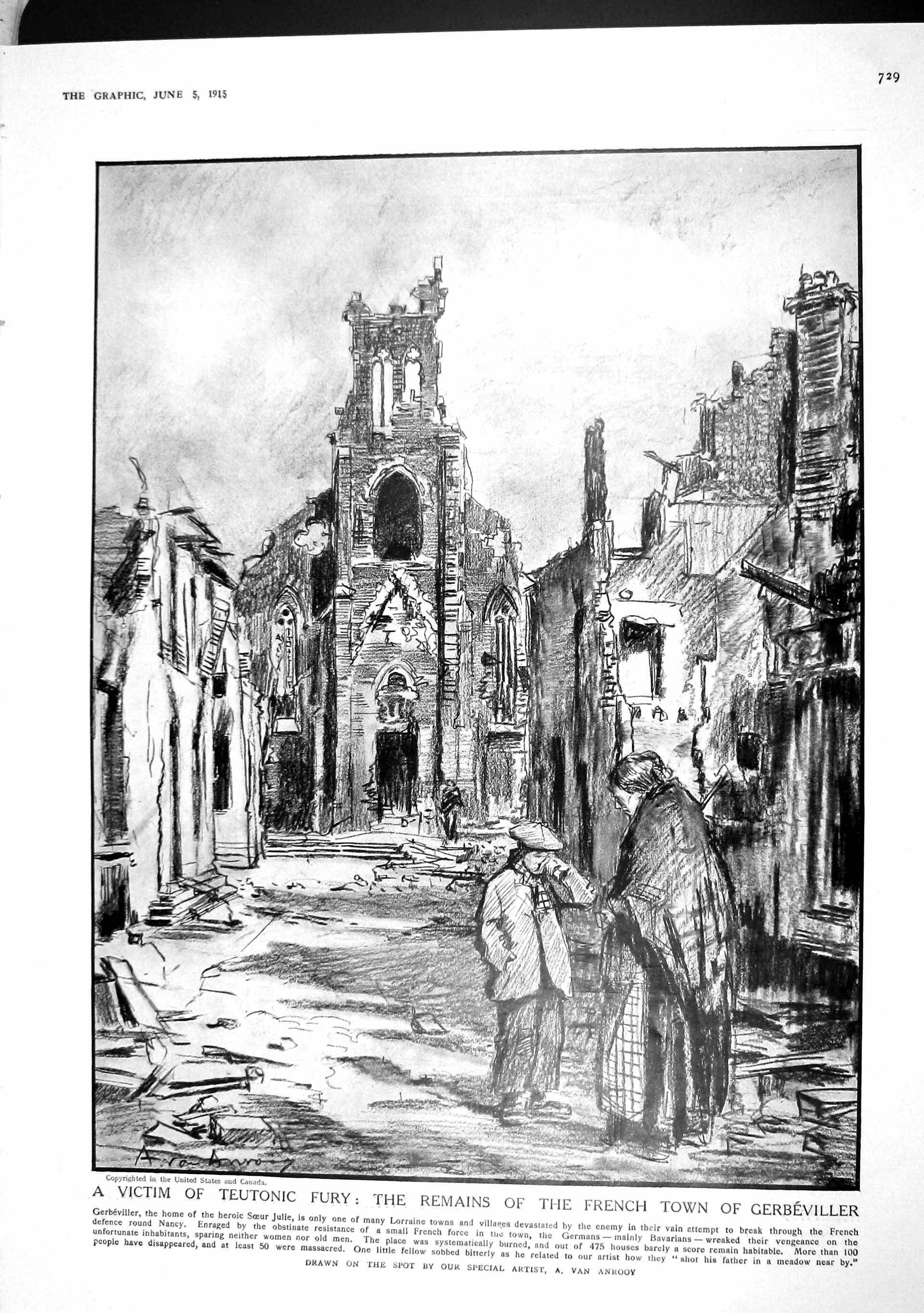 Old Antique Print 1915 Ruins French Town Gerbeviller Cautley Adams Pecker 20th