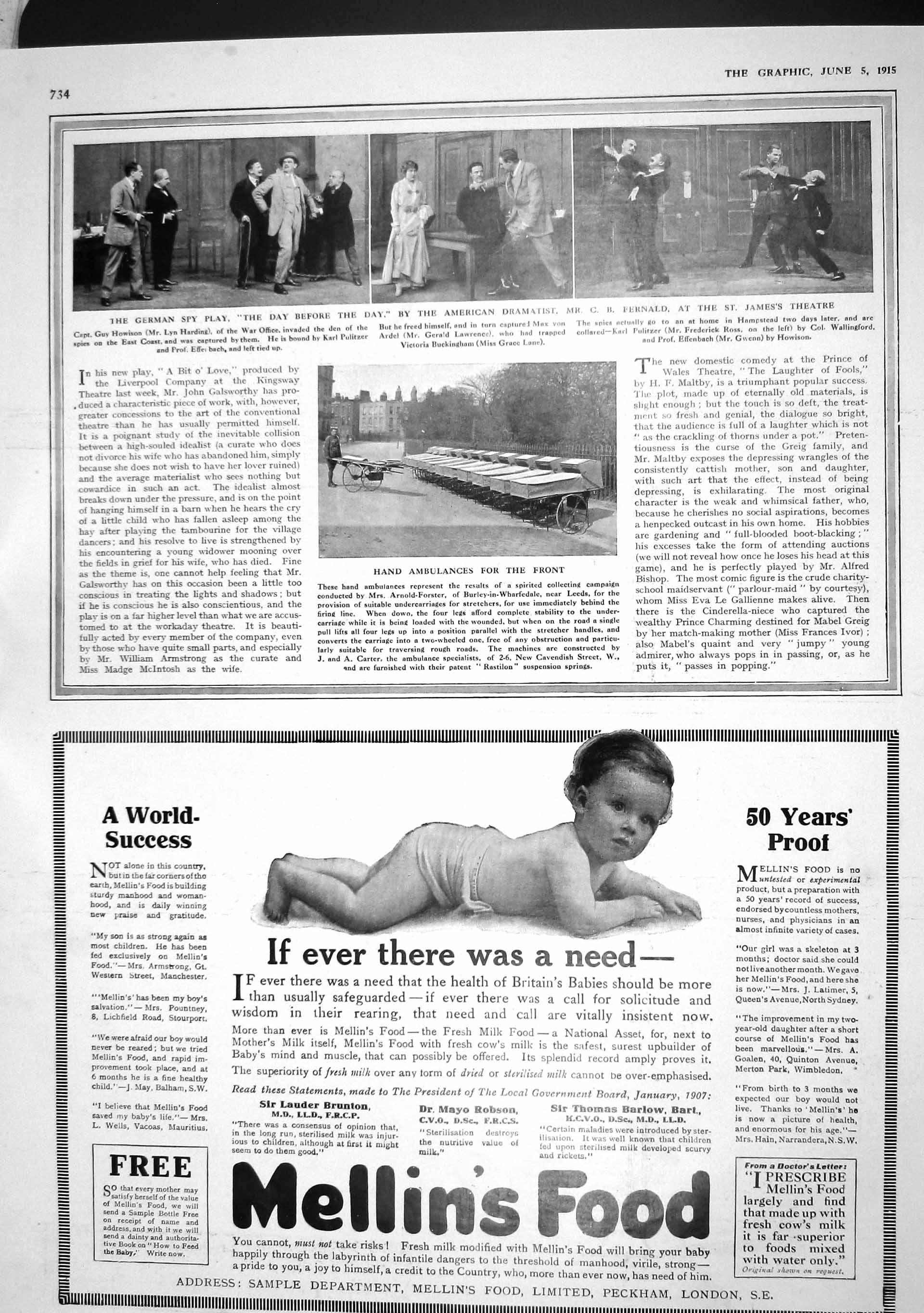 Old Antique Print 1915 German Spy Play Fernald James'S Theatre Ambulance 20th