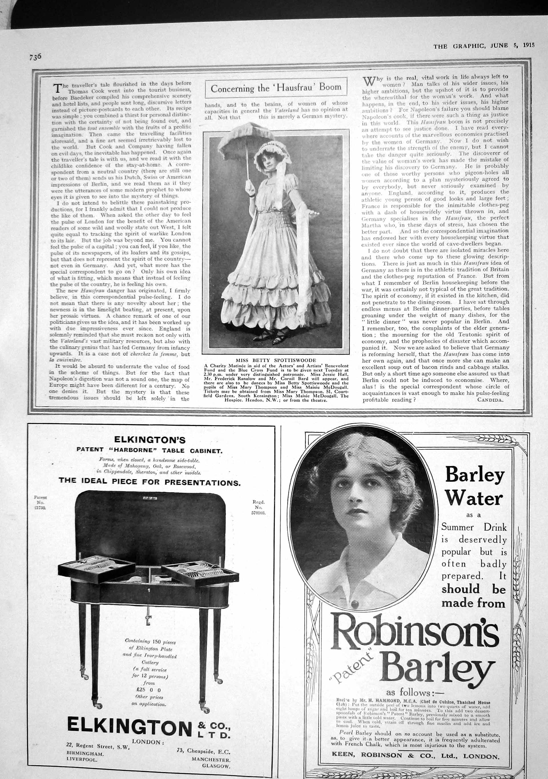 Original Old Antique Print 1915 Betty Spottiswoode Elkington Robinson Barley