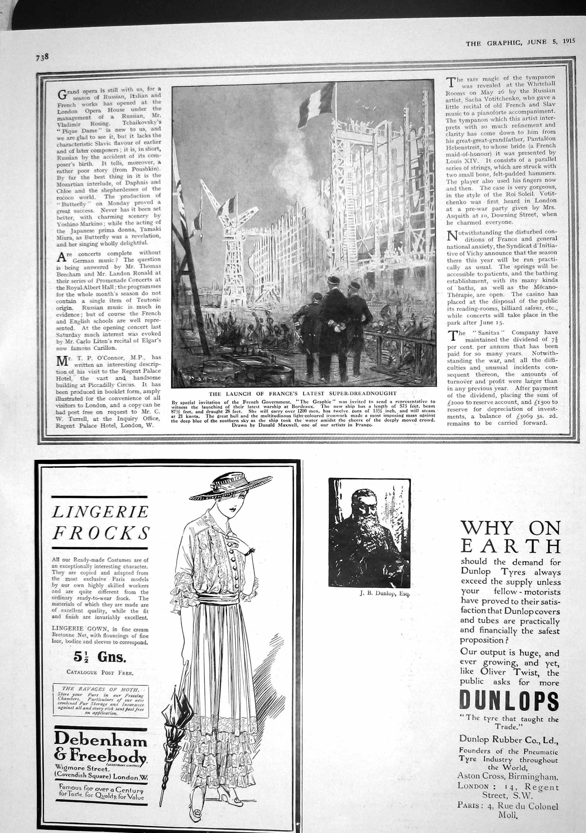 Original Old Antique Print 1915 Launch France Ship Super Dreadnought Bordeaux
