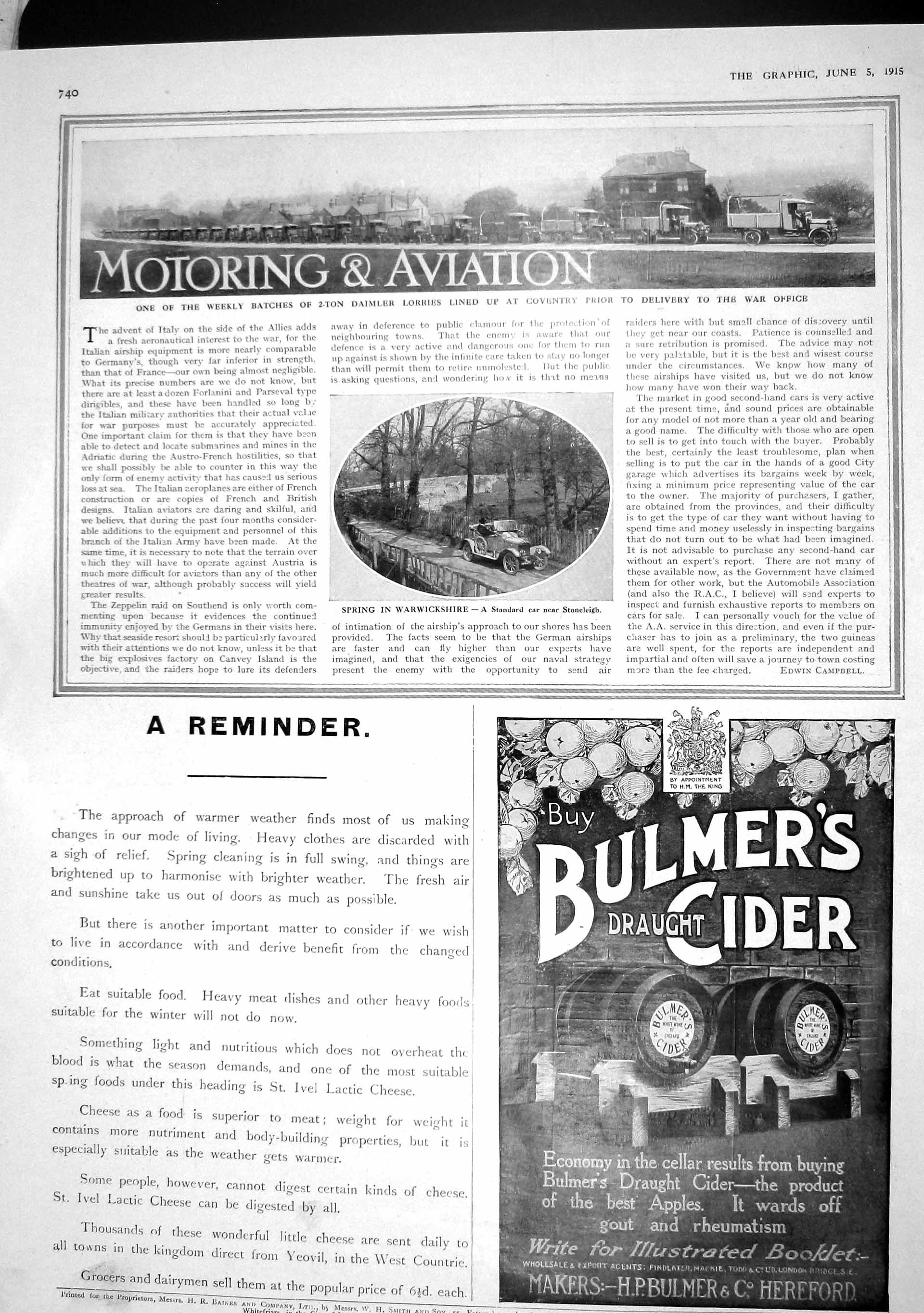 Old Antique Print 1915 Daimler Motor Lorries Car Stoneleigh Bulmers Cider 20th