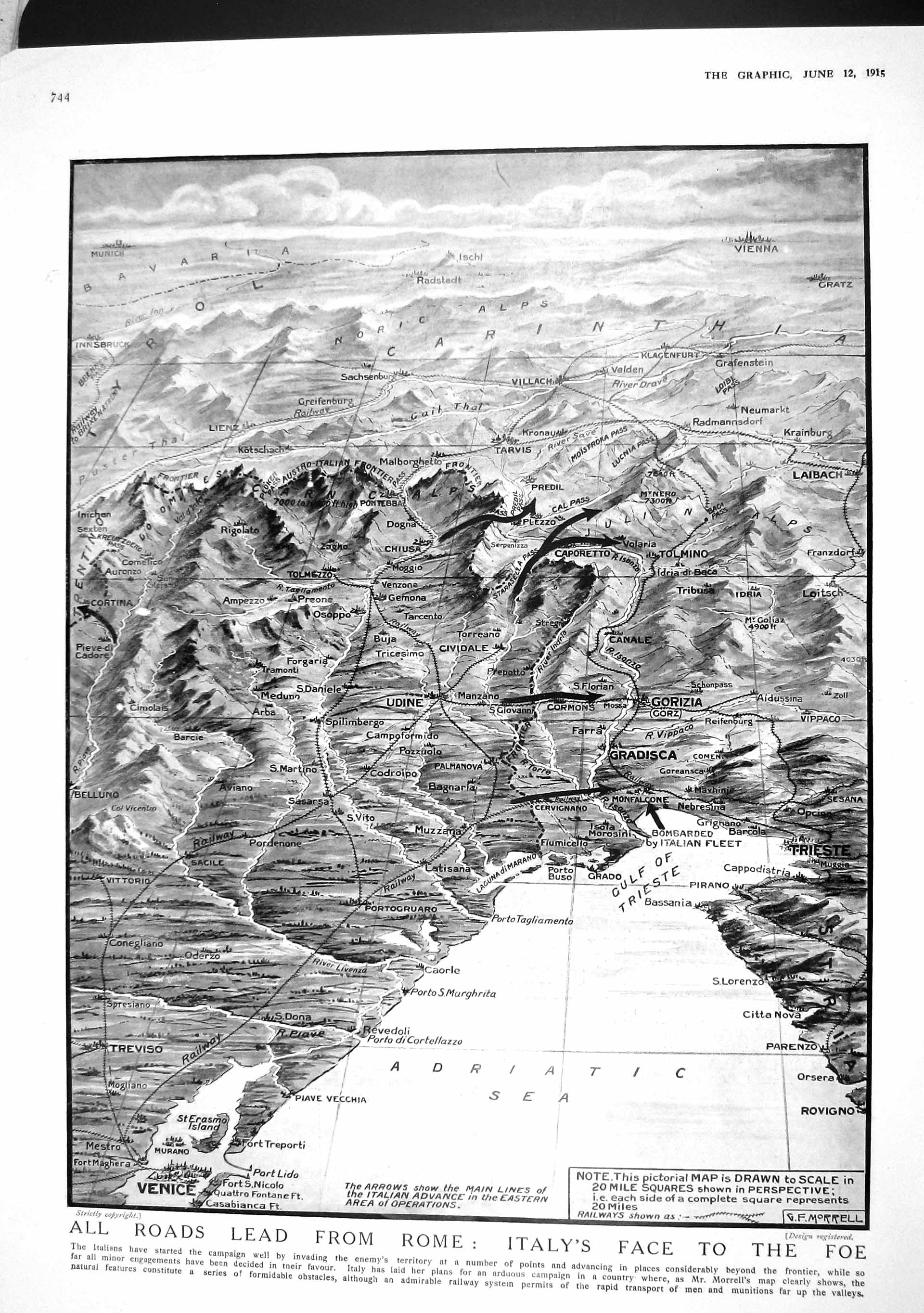 Old Antique Print 1915 Italy Wap Map Gradisca Venice Mills Wilson Murray 20th