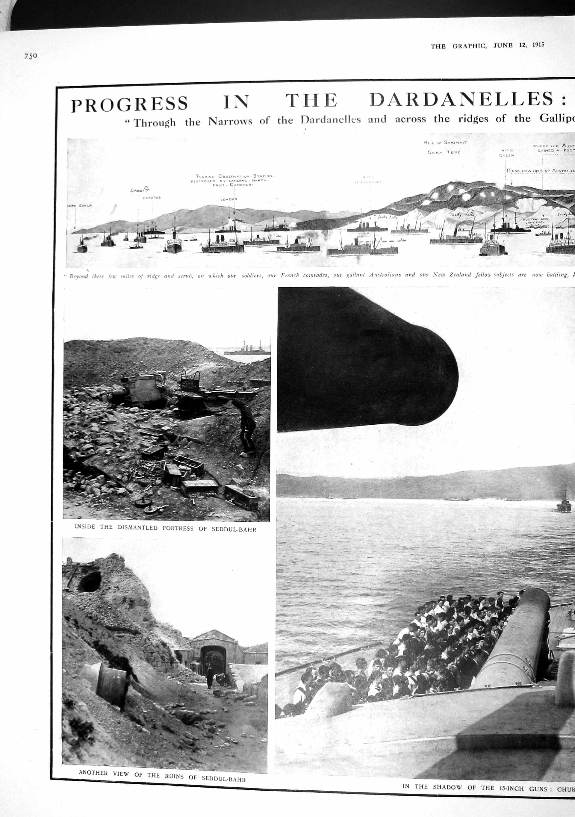 Old Antique Print 1915 Dardanelles War Ships Seddul-Bahr Queen Elizabeth 20th