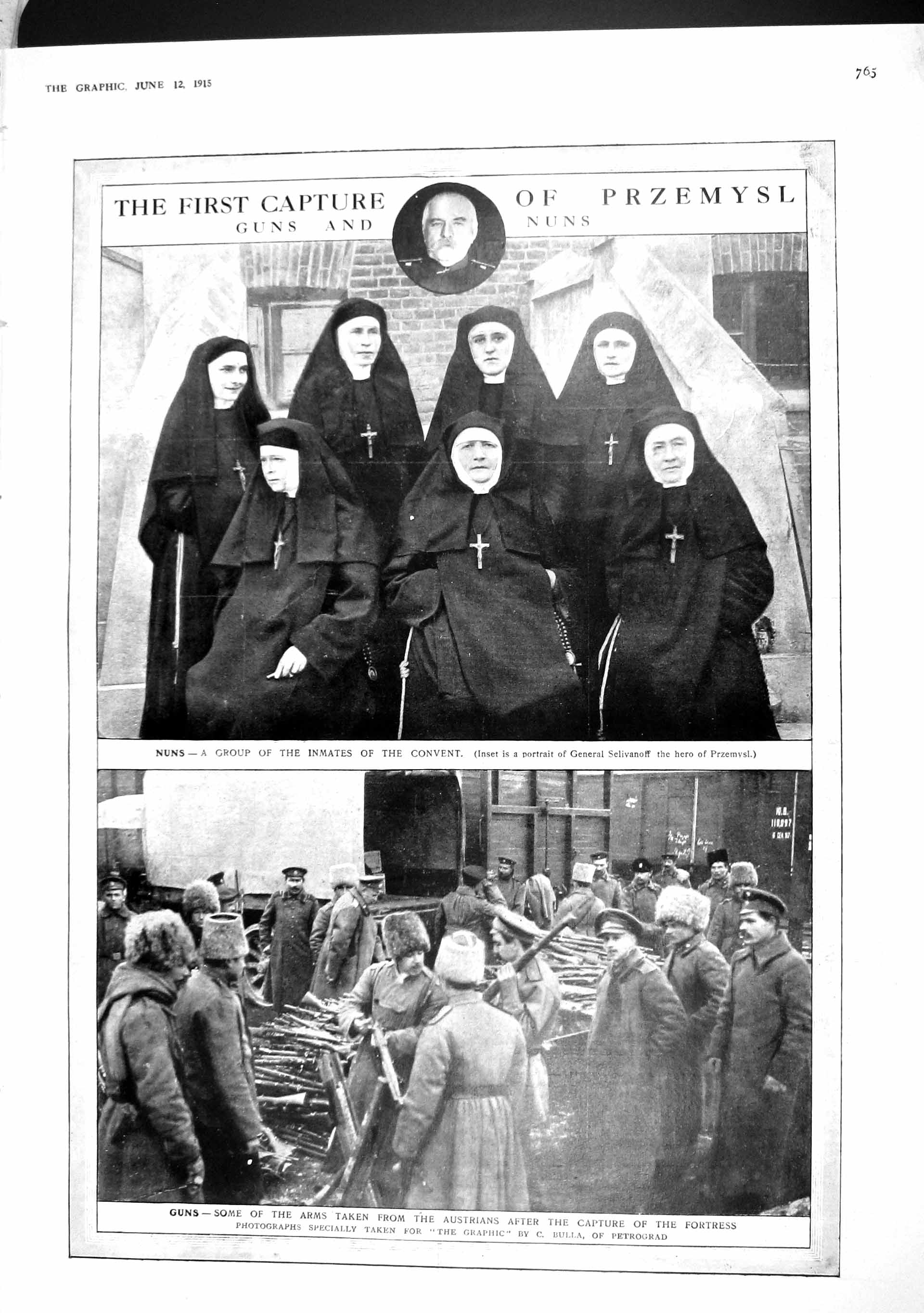 Original Old Antique Print 1915 Guns Nuns Przemysl Selivanoff War Siers Orpheus