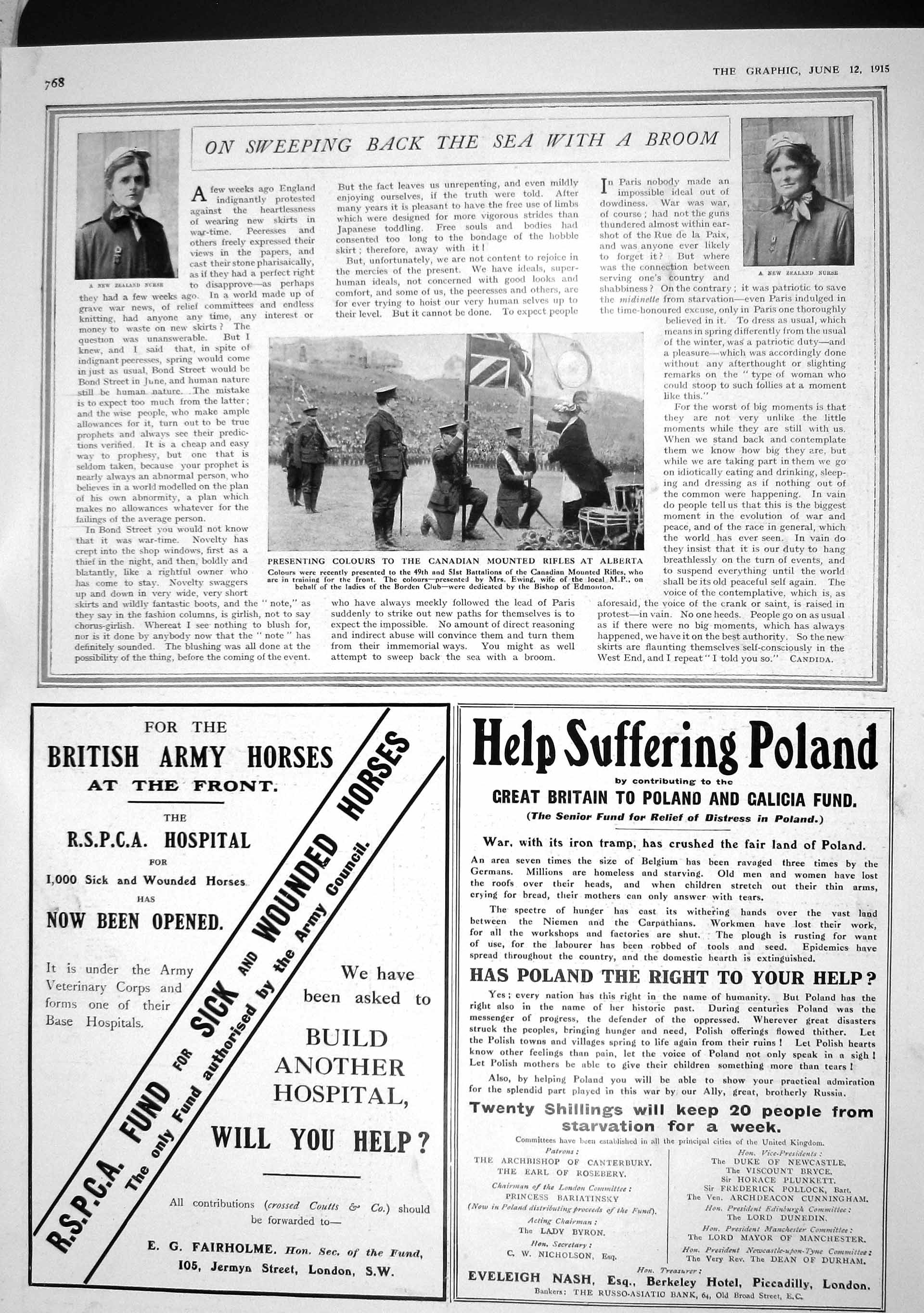 Original Old Antique Print 1915 Canadian Mounted Rifles Siers Alberta War Nurse