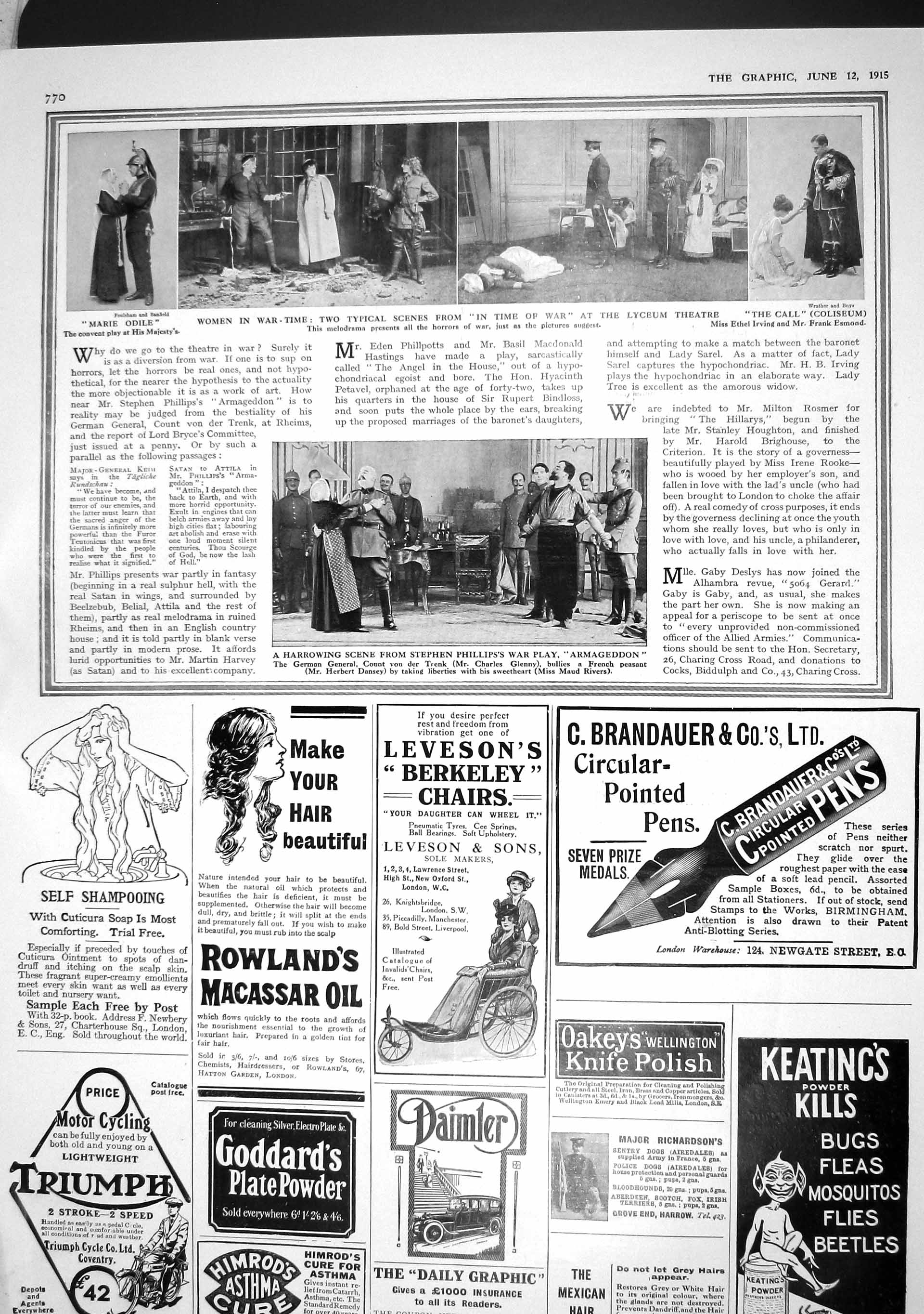 Original Old Antique Print 1915 Women War Lyceum Theatre Irving Armageddon Play