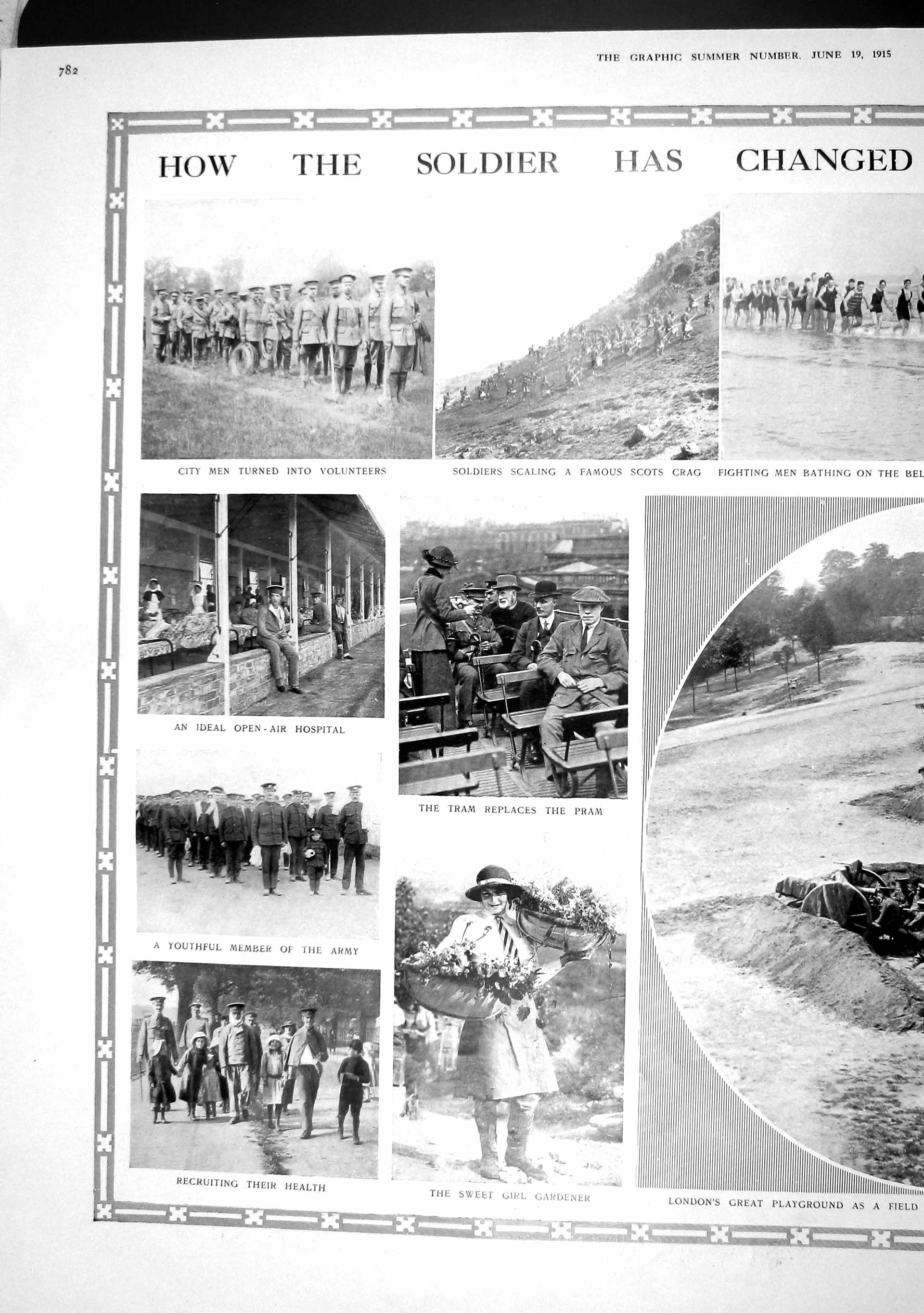 Original Old Antique Print 1915 War Siers Hospital Trench Postman Golf Children