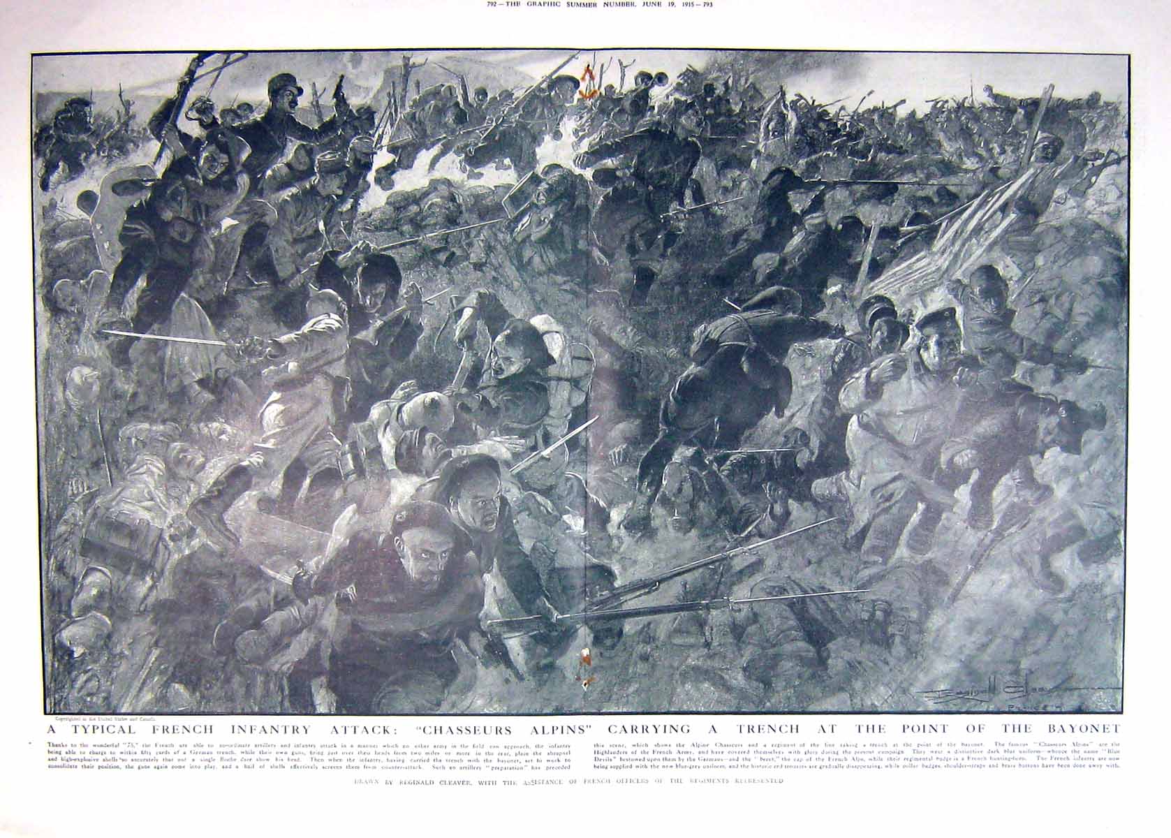 Original Old Antique Print 1915 War French Siers Chasseurs Trench Bayonet 20th