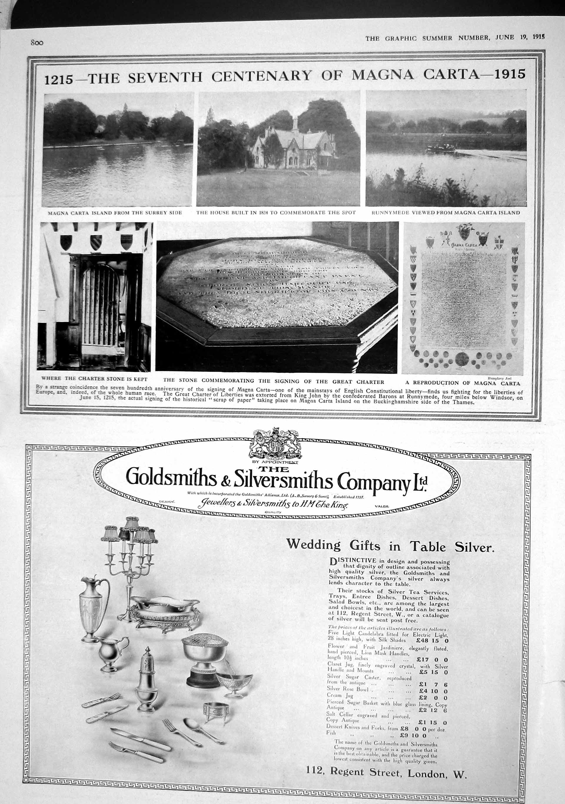 Original Old Antique Print 1915 Magna Carta Runnymede Charter Stone Gsmith 20th