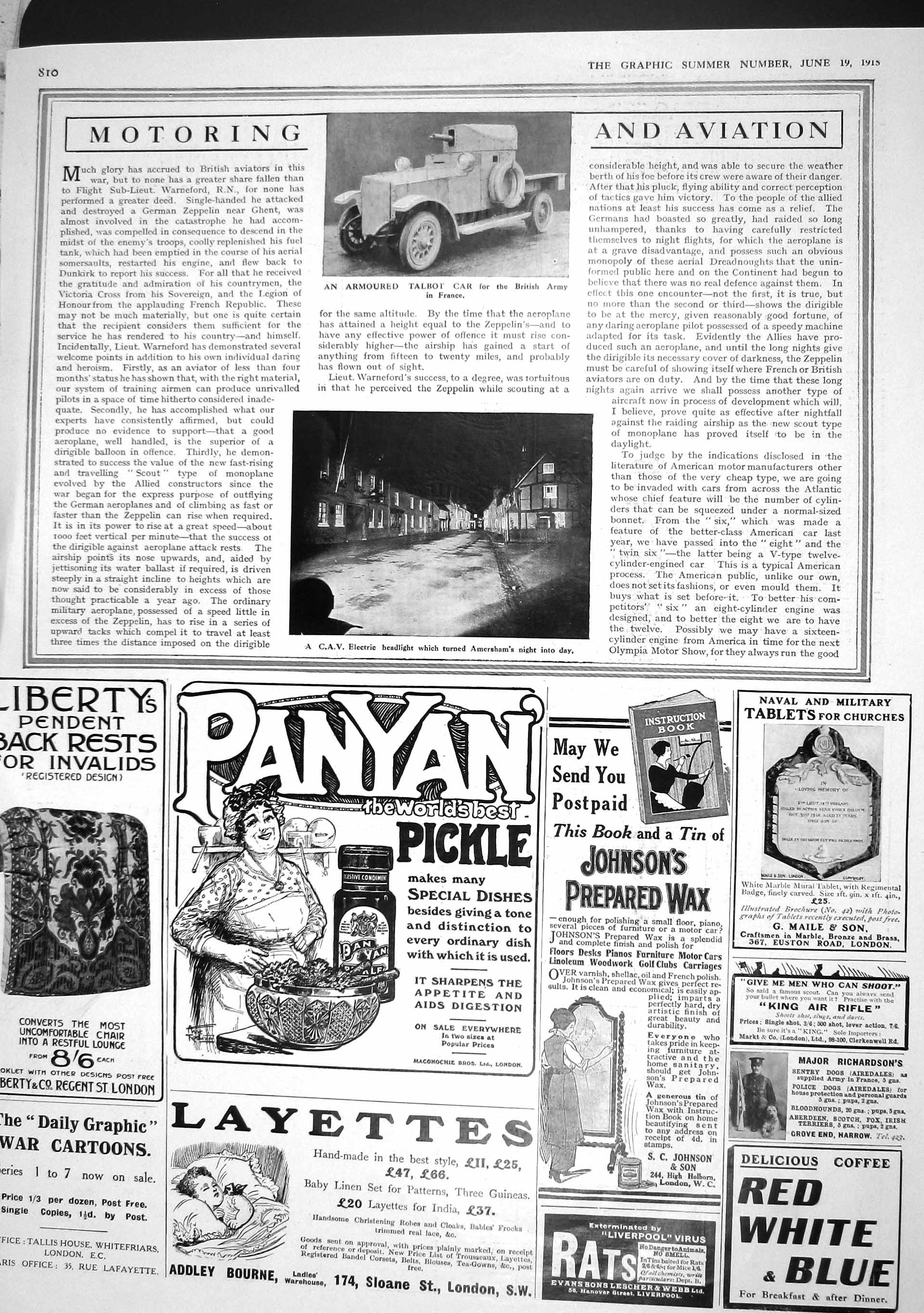 Original Old Antique Print 1915 Armoured Talbot Motor Car C.A.V. Electric Light