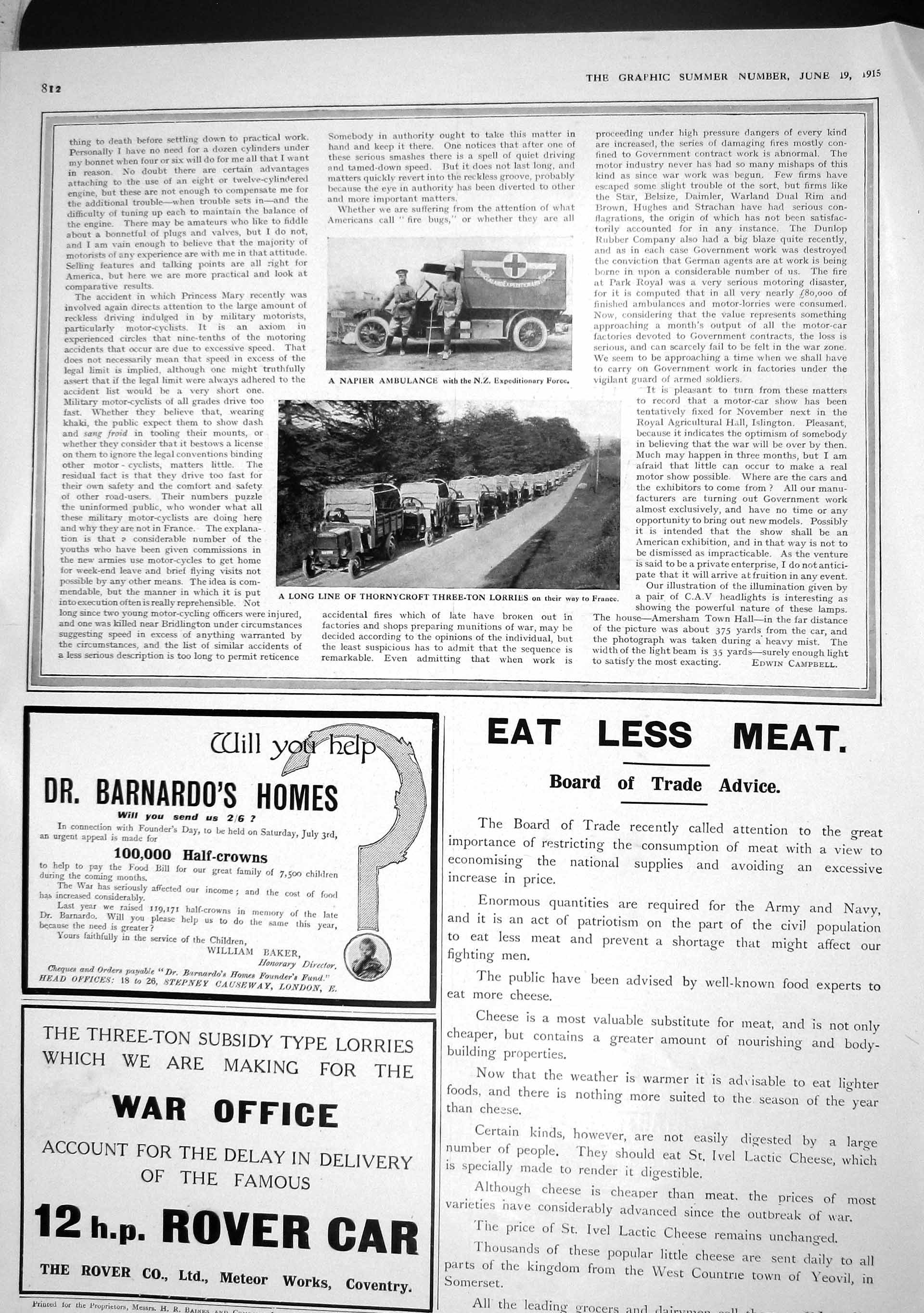 Original Old Antique Print 1915 Napier Motor Ambulance Thornycroft Lorries Car