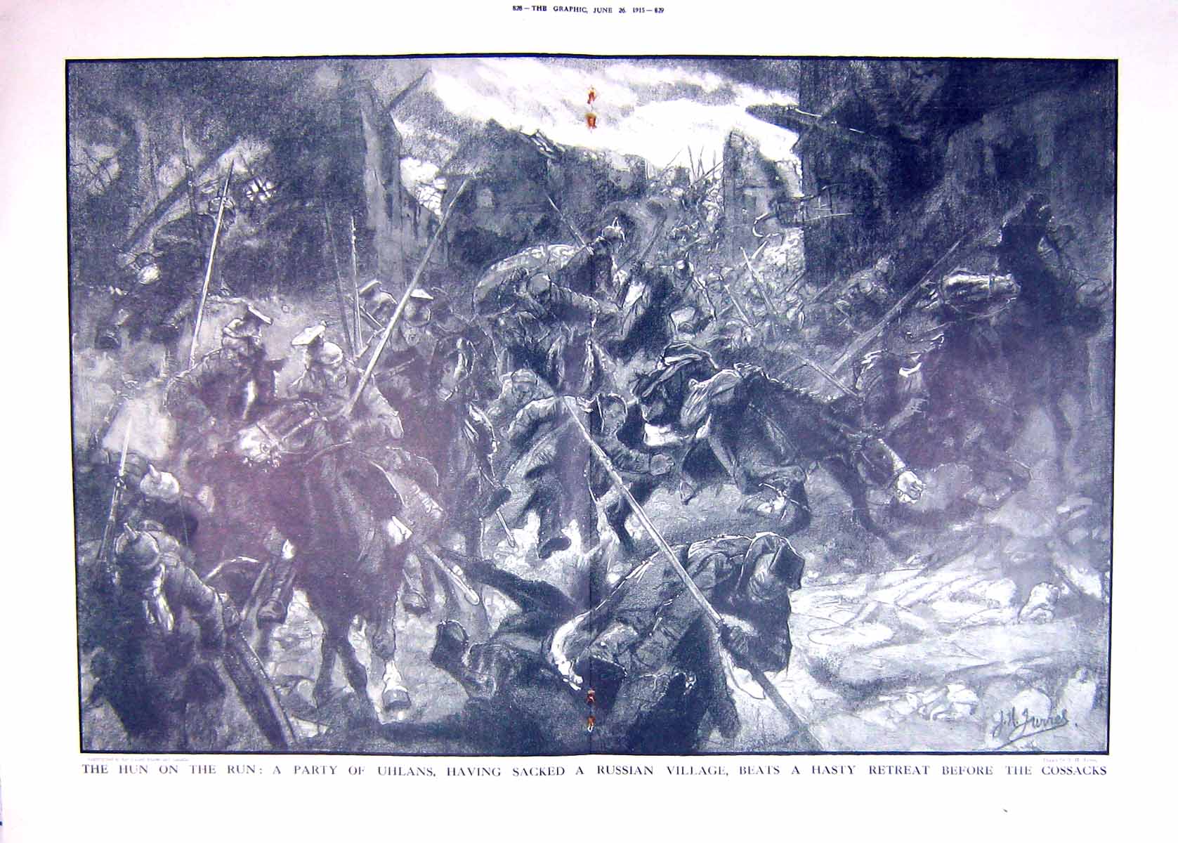 Old Antique Print 1915 Party Uhlans Russian Village Cossacks Siers War 20th