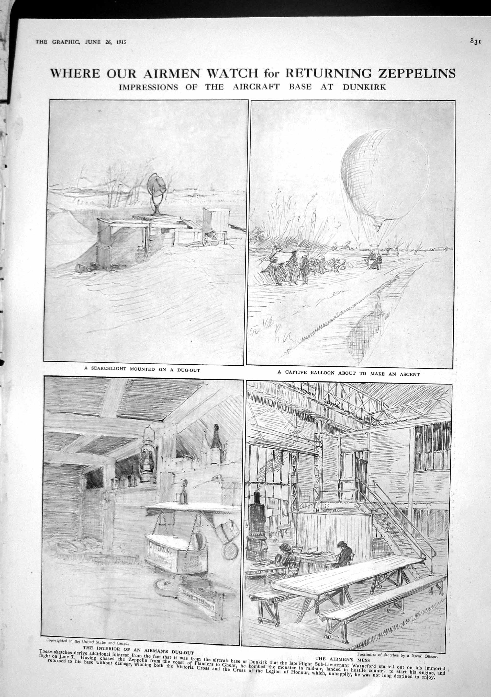 Old Antique Print 1915 Zeppelin Aircraft Base Dunkirk Windmill Mill Heyst 20th