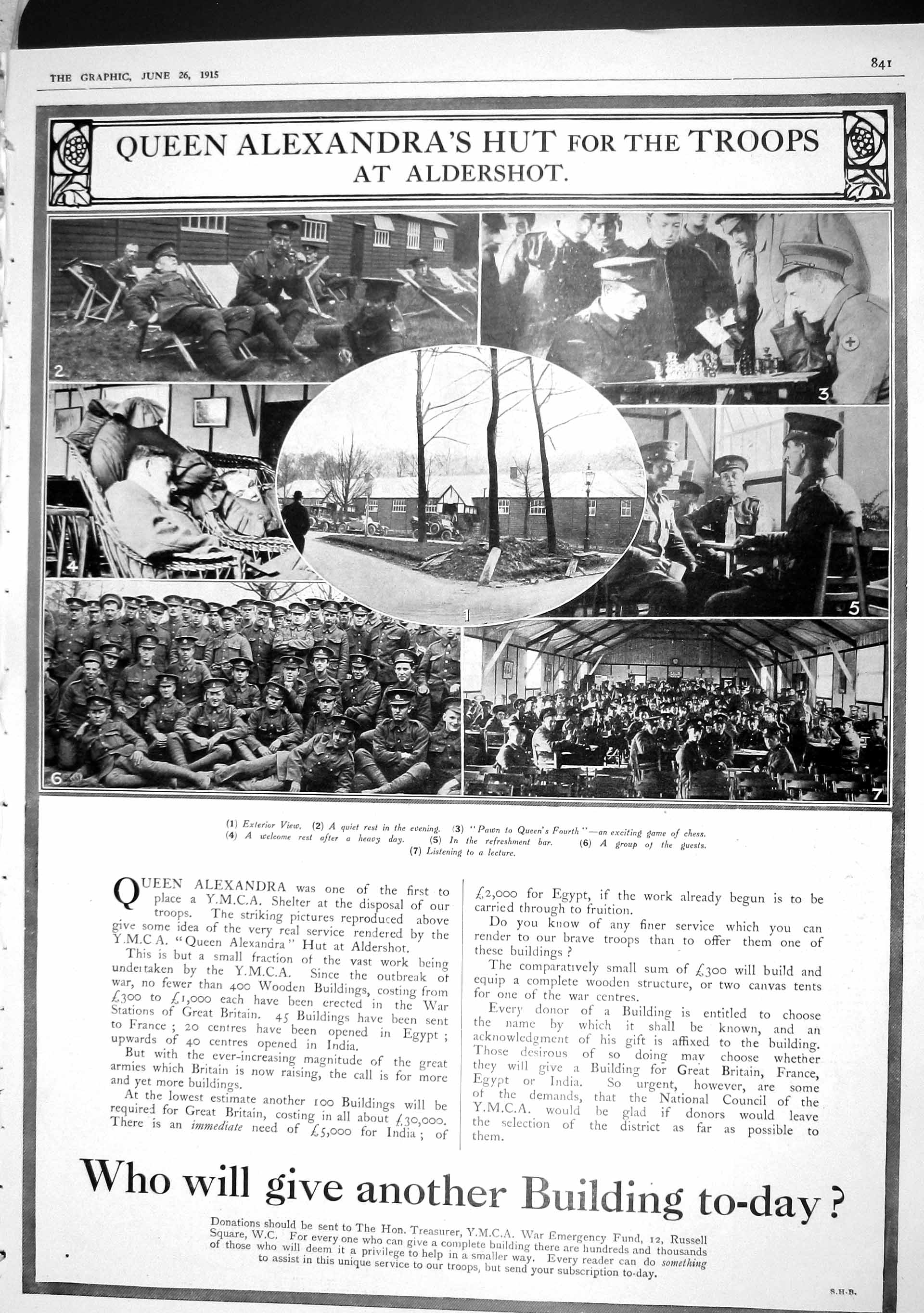 Original Old Antique Print 1915 Queen Alexandra Hut Aldershot Army Bowden Wynne