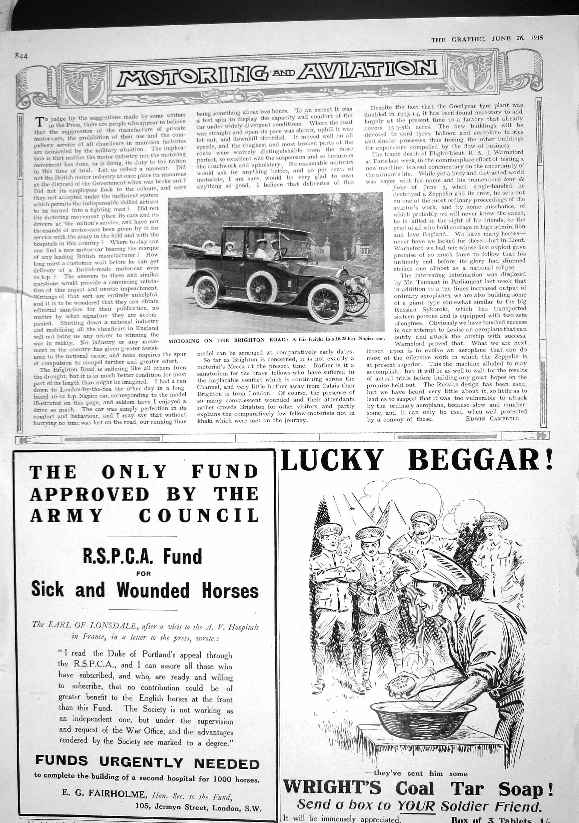 Original Old Antique Print 1915 Napier Motor Car Brighton Wrights Coal Tar Soap