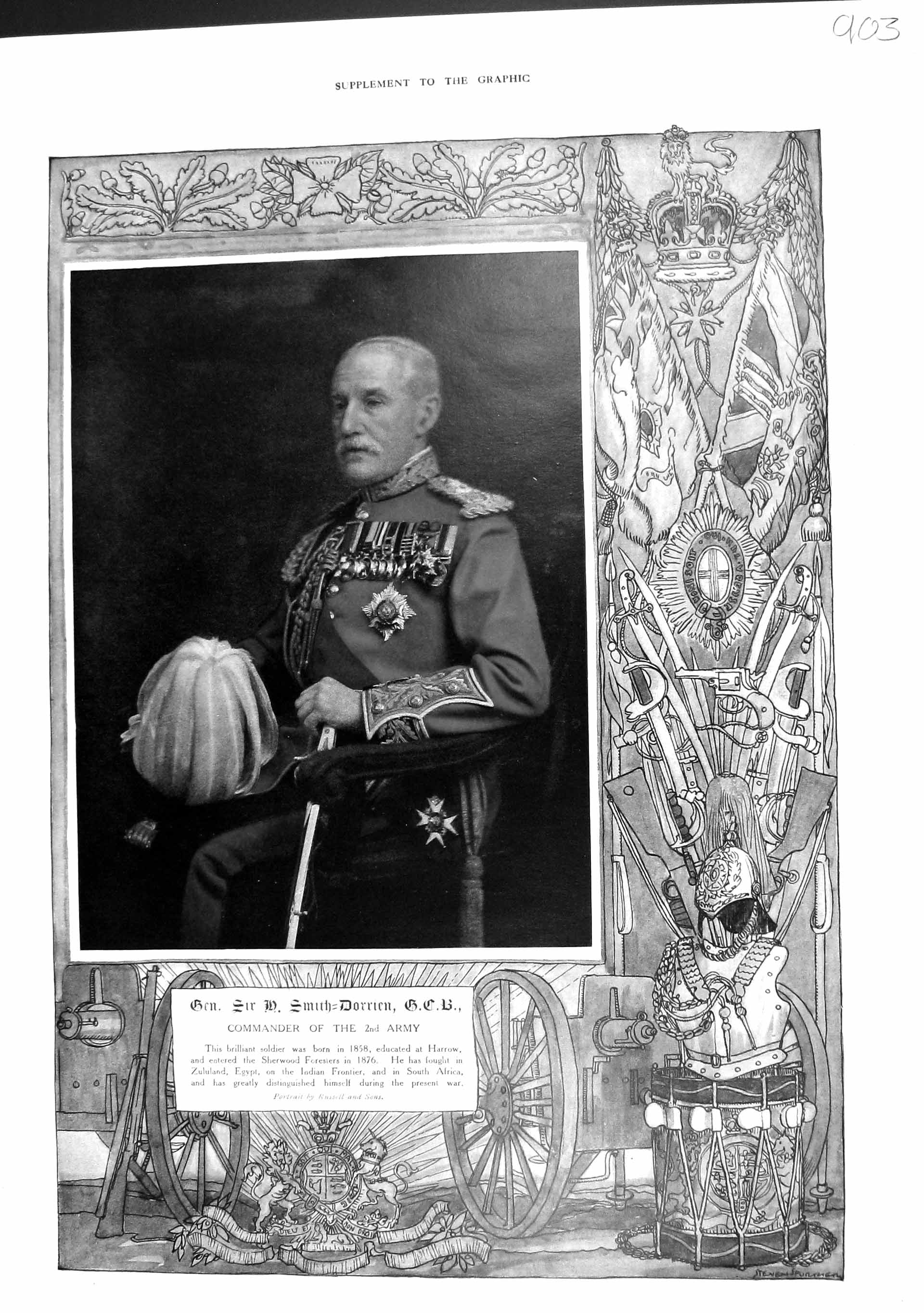 Original Old Antique Print 1915 Colour Portrait General Smith-Dorrien Army 20th