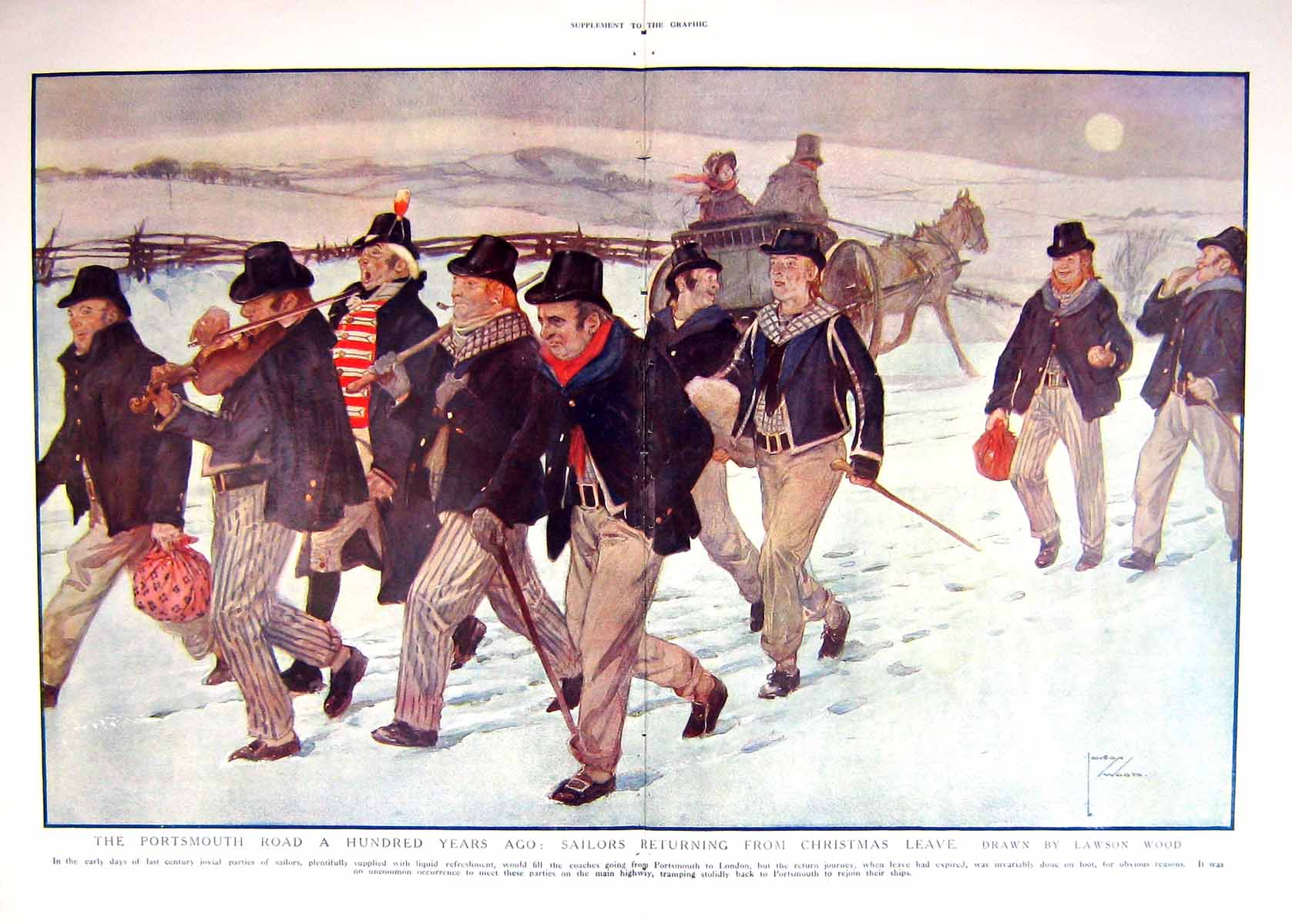 Original Old Antique Print 1915 Portsmouth Sailors War Christmas Music Band
