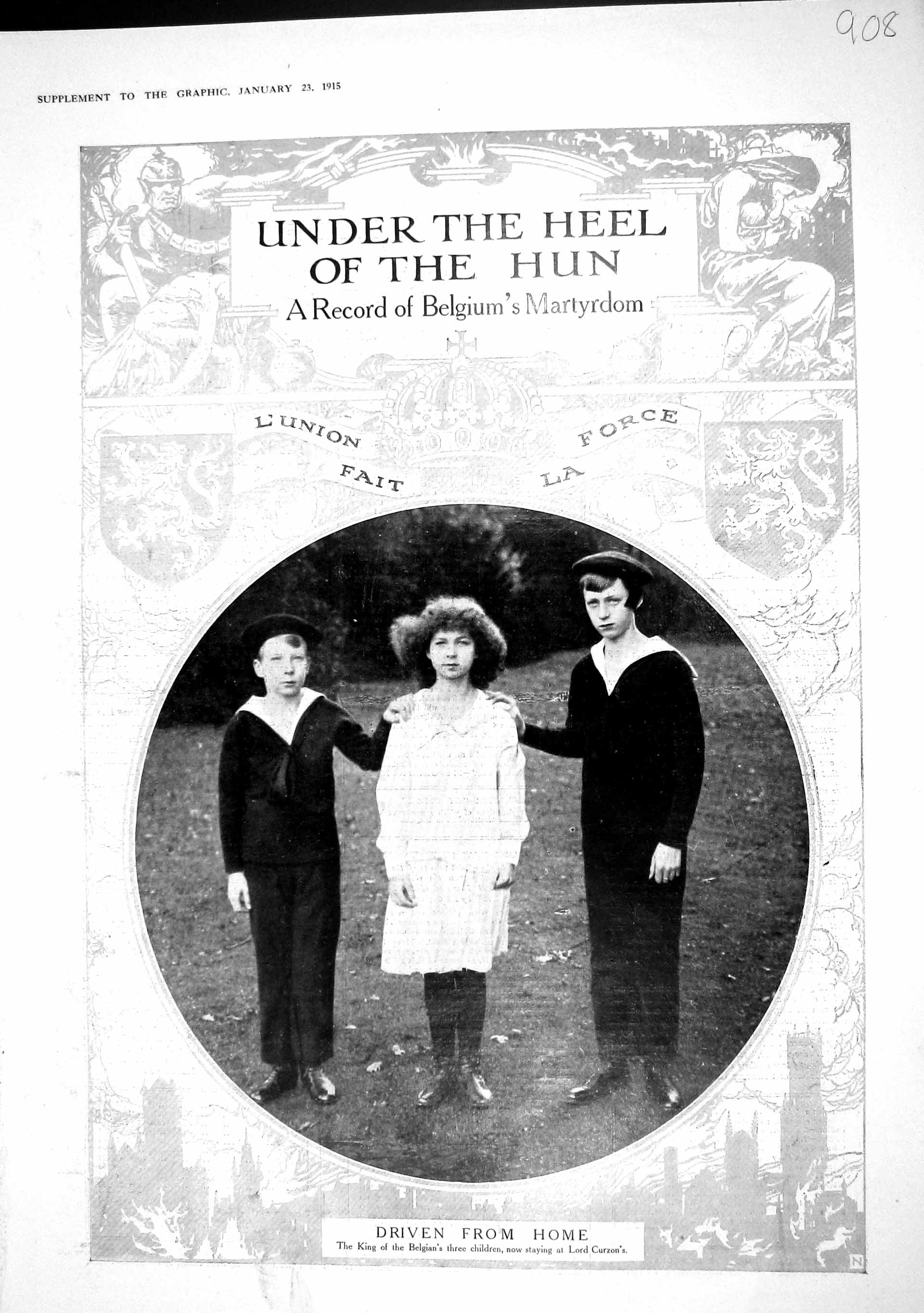 Original Old Antique Print 1915 Portrait King Belgian Children Belgium 20th