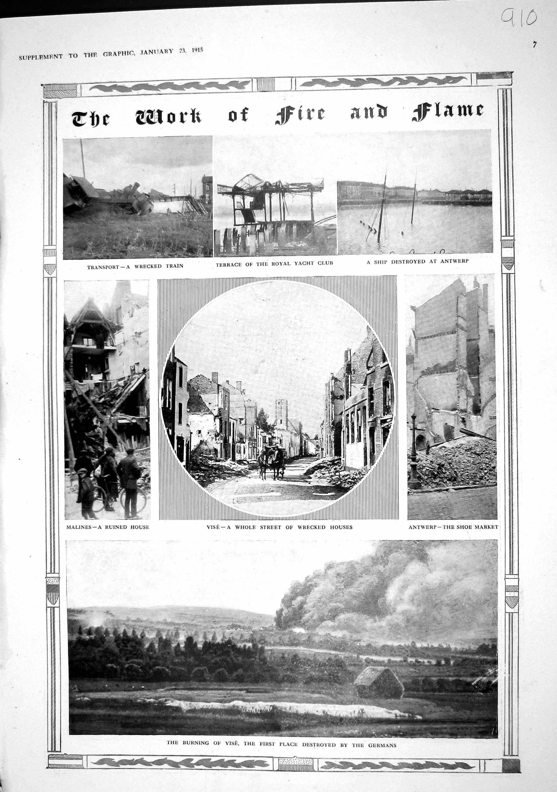 Original Old Antique Print 1915 War Vise Fire Antwerp Market Malines Yacht Club