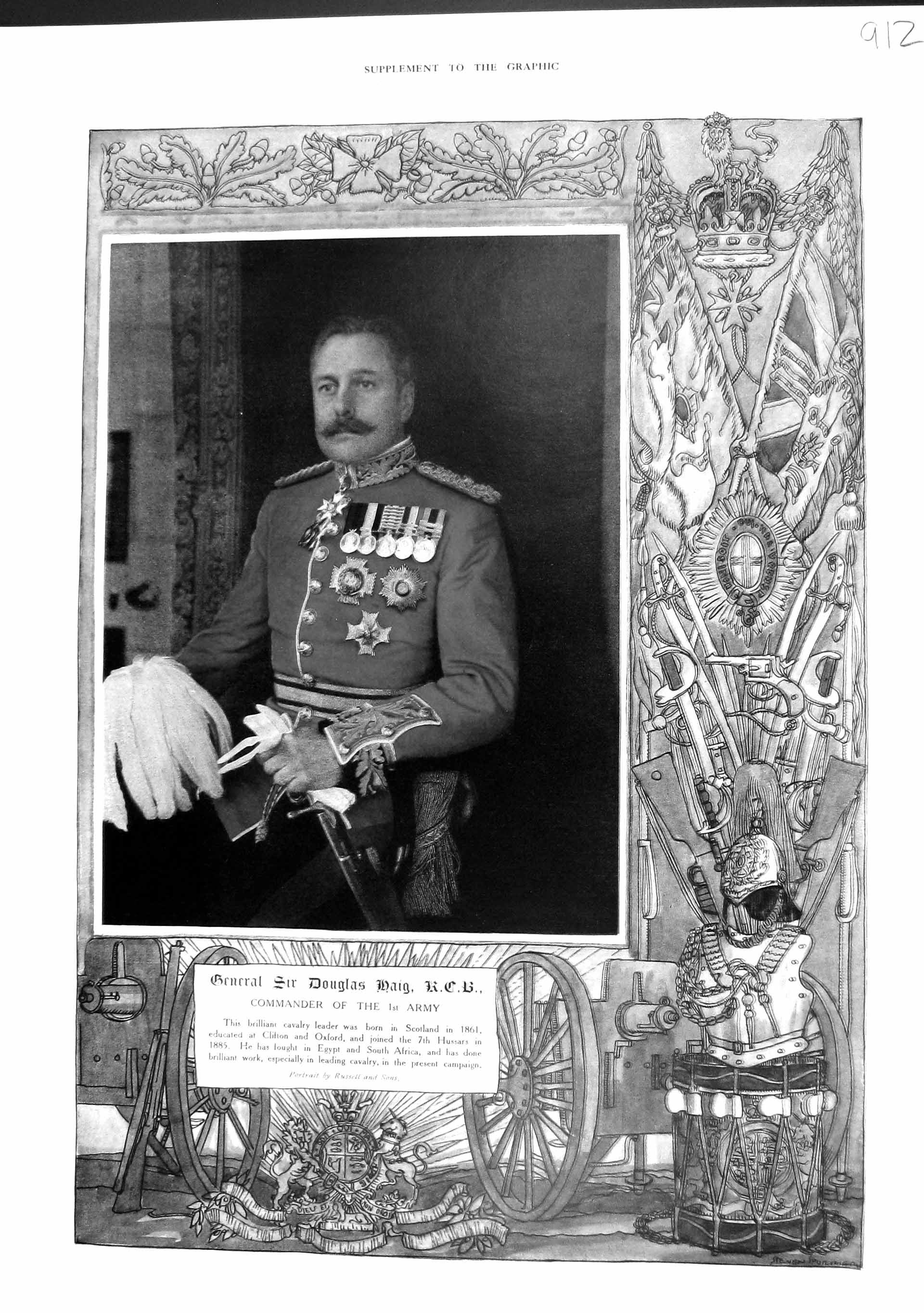 Original Old Antique Print 1915 Colour Portrait General Sir Douglas Haig Army