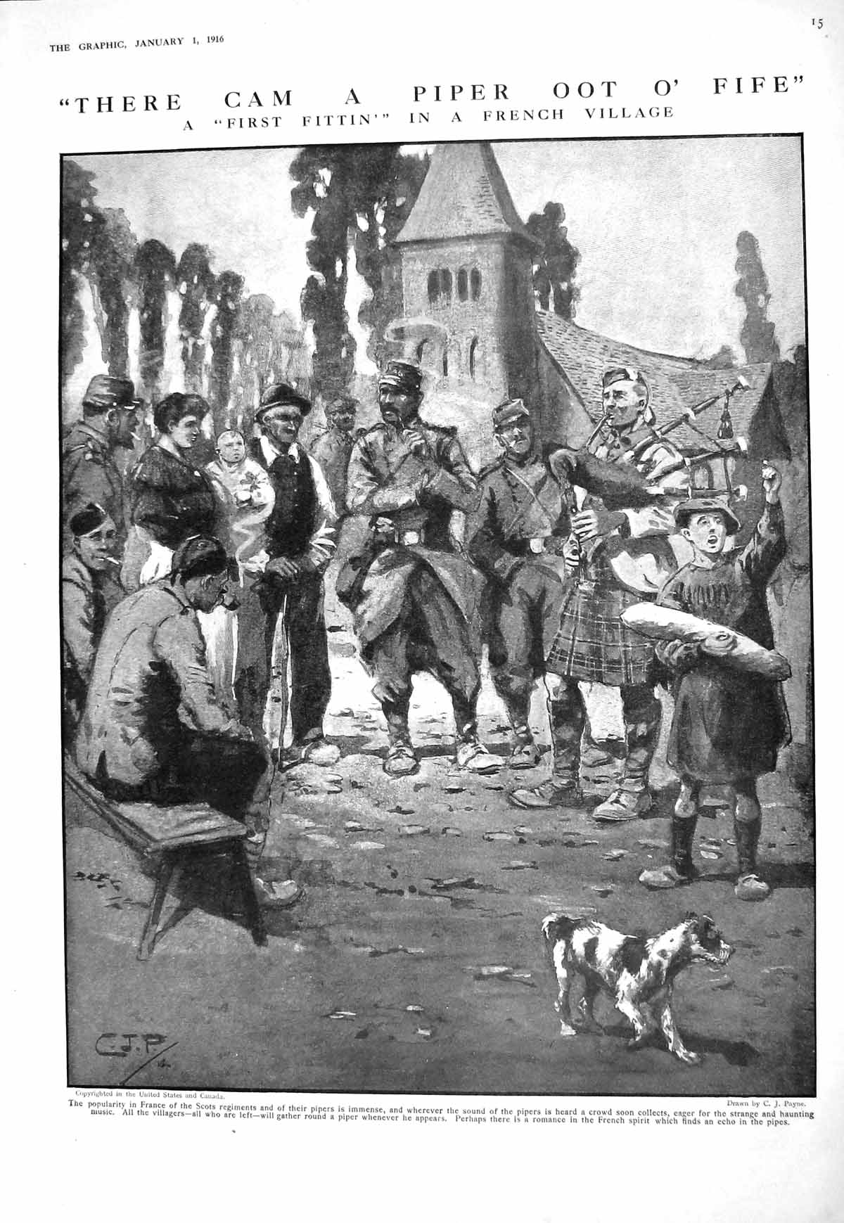 Old Print 1916 French Village Scene War Siers Piper Fife Germany Seed Oi 20th